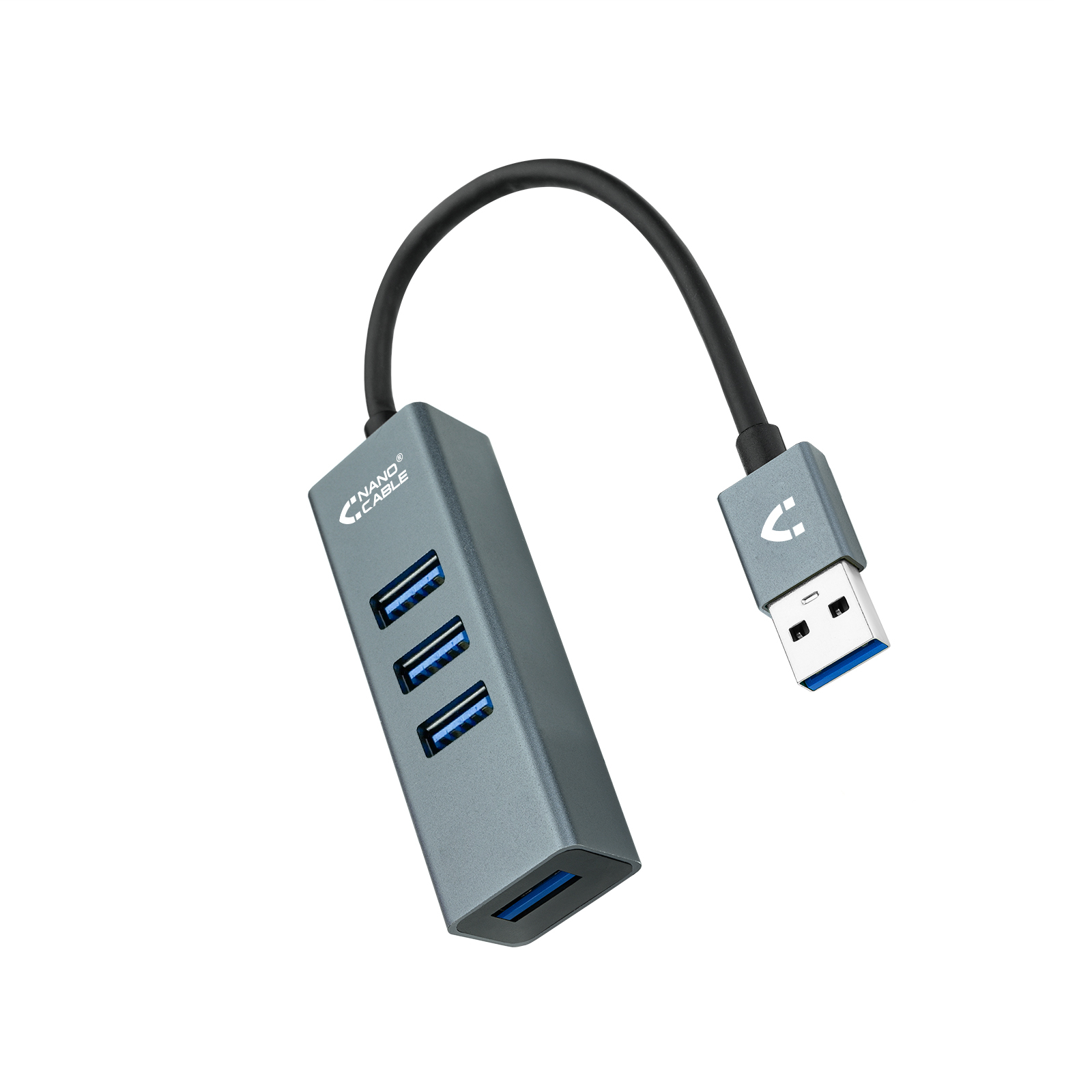 Un hub USB grigio con tre porte USB. Un connettore USB-A è a destra.