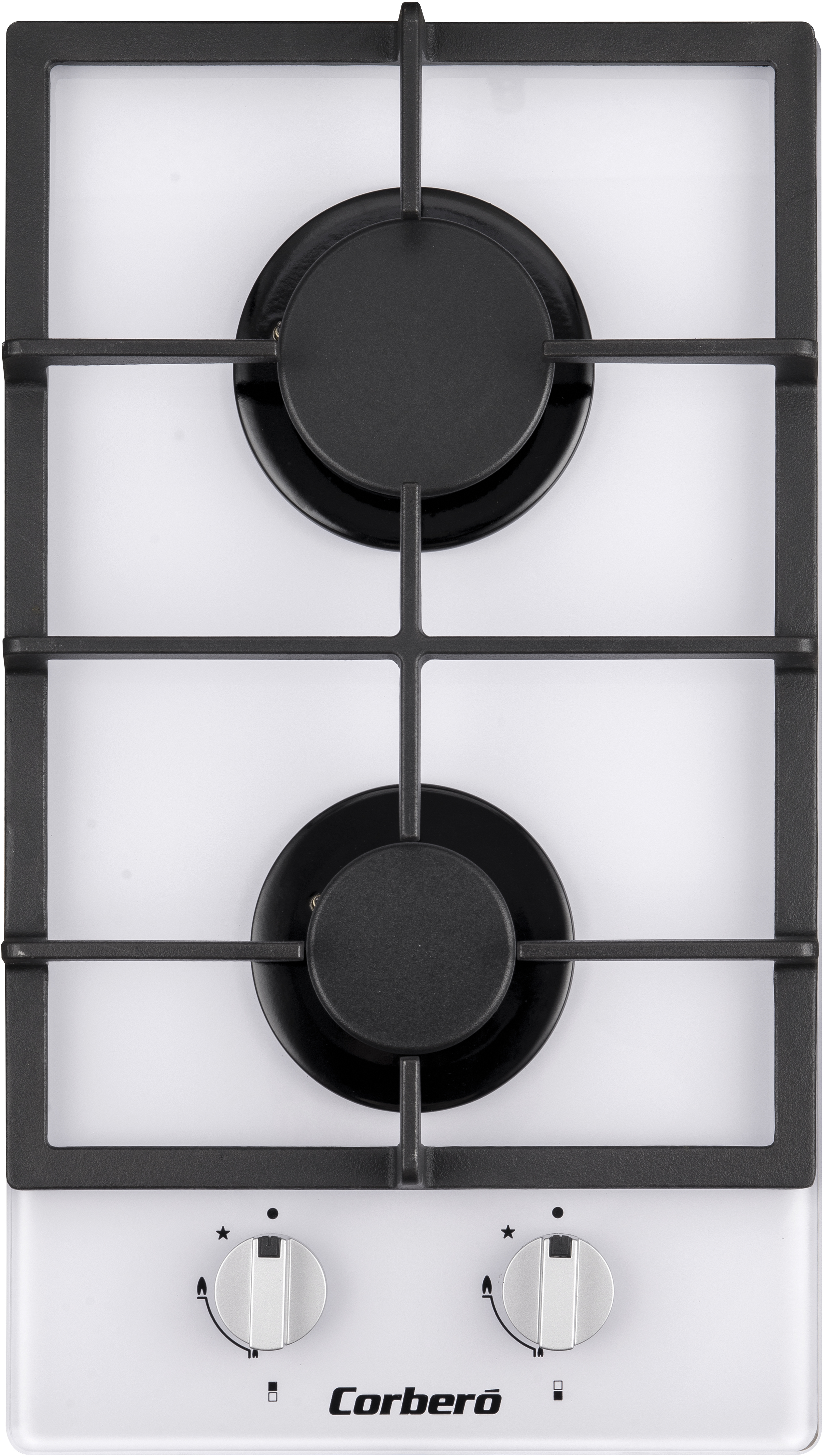 Una cocina de gas blanca con dos quemadores, rejillas negras y mandos plateados.