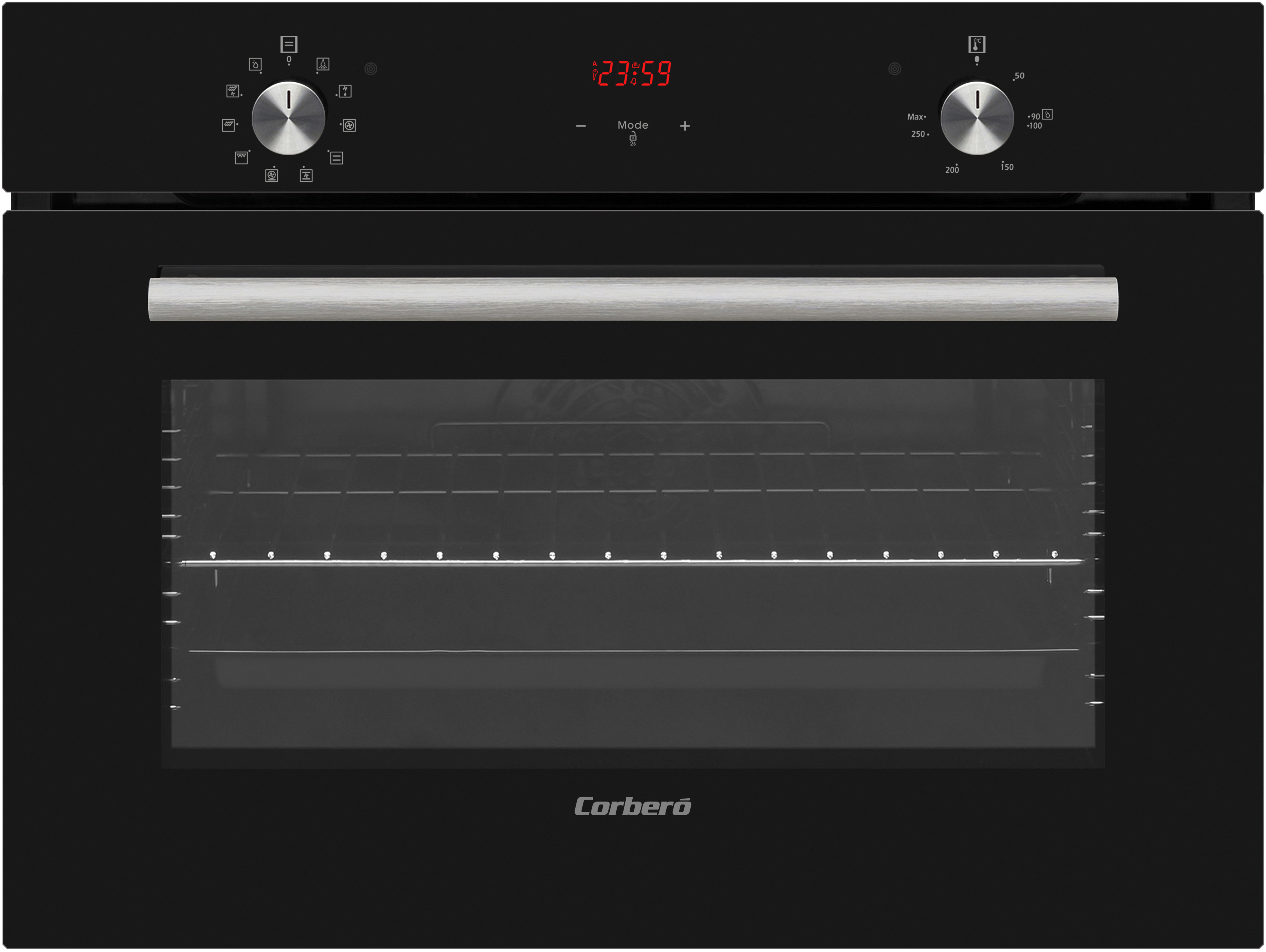 Un horno negro con una pantalla digital y mandos. La puerta del horno está cerrada.
