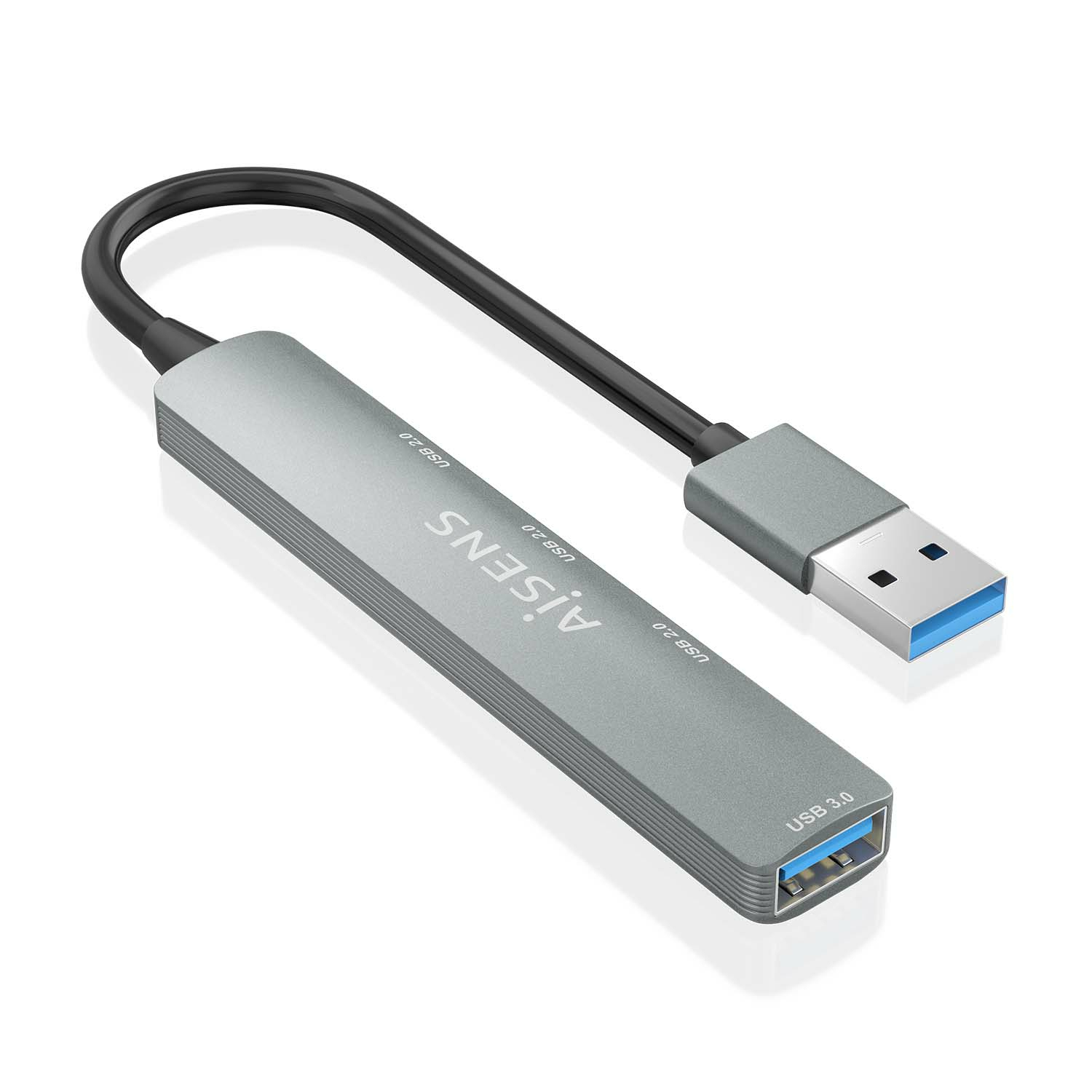 Un hub USB argentato con un cavo USB nero. L'hub ha il testo 'AiSENS' e 'USB 3.0'.