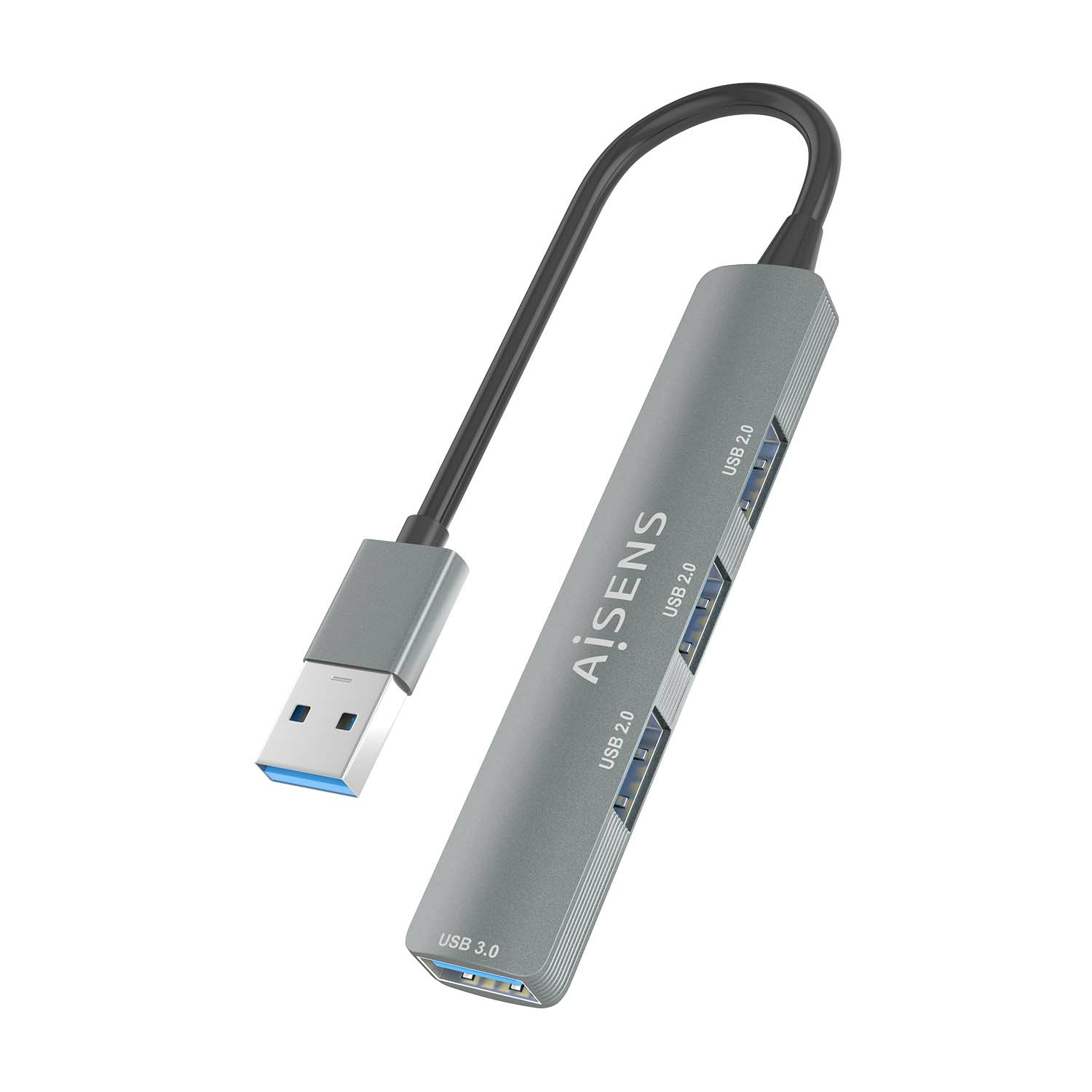 Un hub USB argentato con 4 porte, un cavo nero e la scritta "AiSENS" sopra.