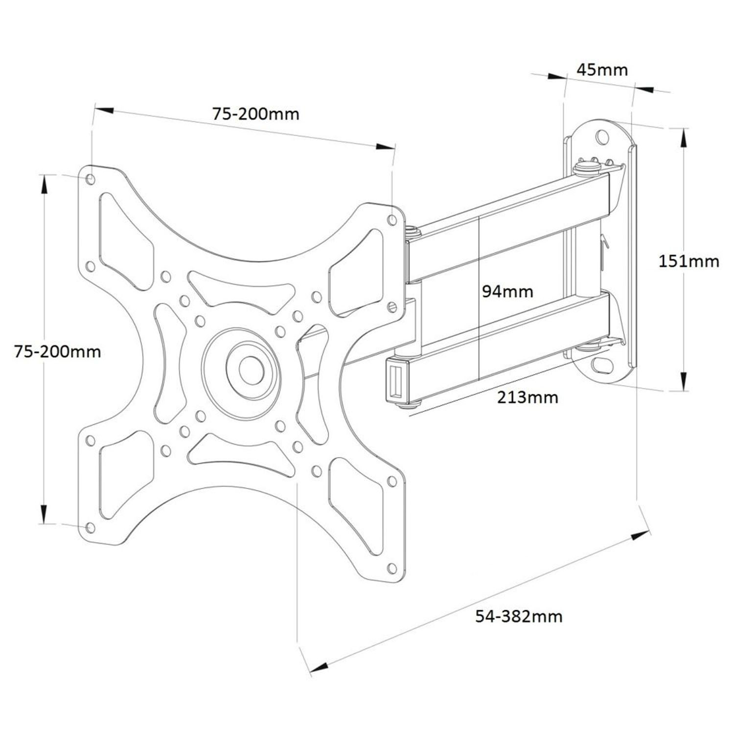 Eine schwarze und silberne TV-Halterung mit beschrifteten Abmessungen. Die Halterung ist in einem Diagramm dargestellt.