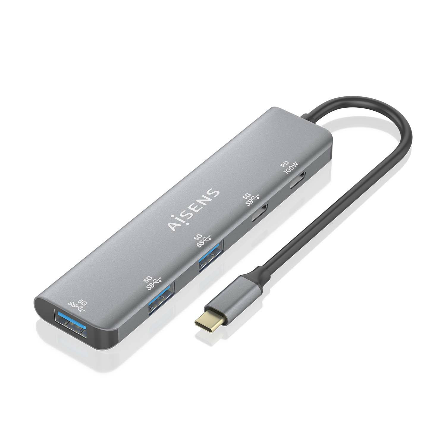 Hub USB-C grigio con più porte, inclusi slot USB e SD. Cavo nero collegato.