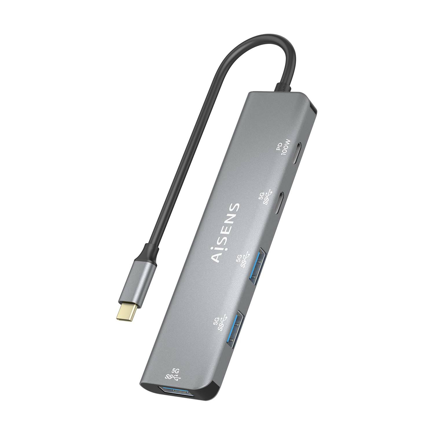 Hub USB-C argento con più porte e un cavo nero.