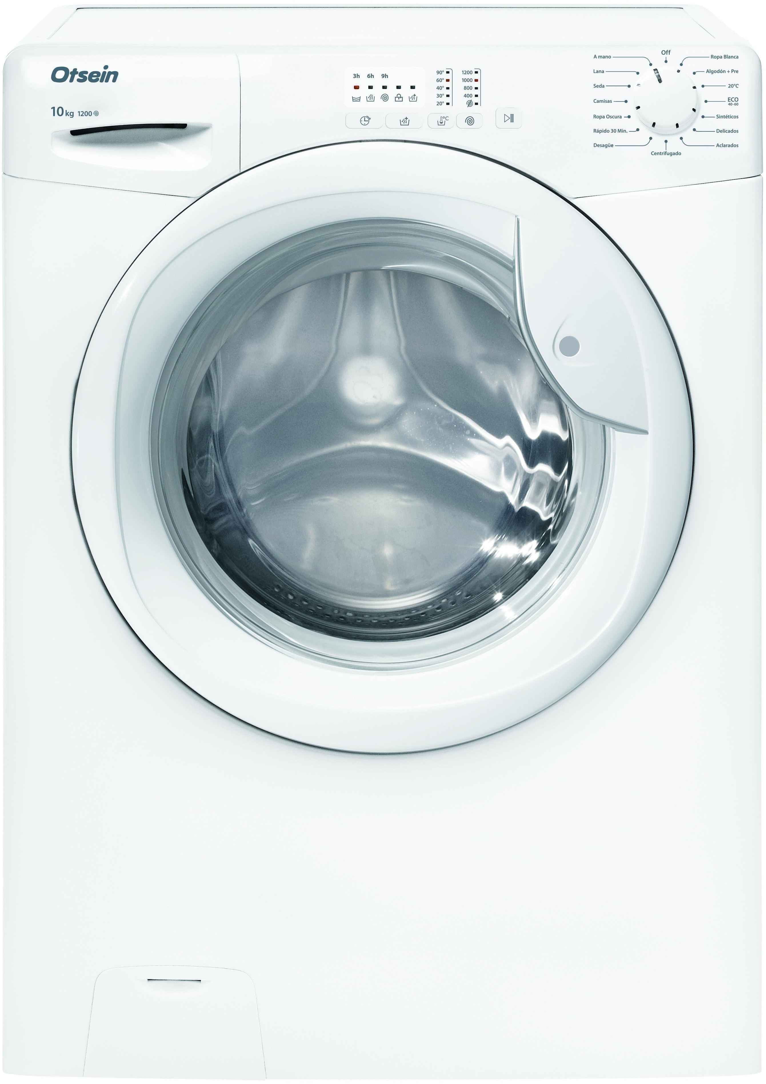 Lavadora blanca con puerta redonda. Controles a la derecha. Marca: Otsein. Modelo: 10 kg 1200 g.