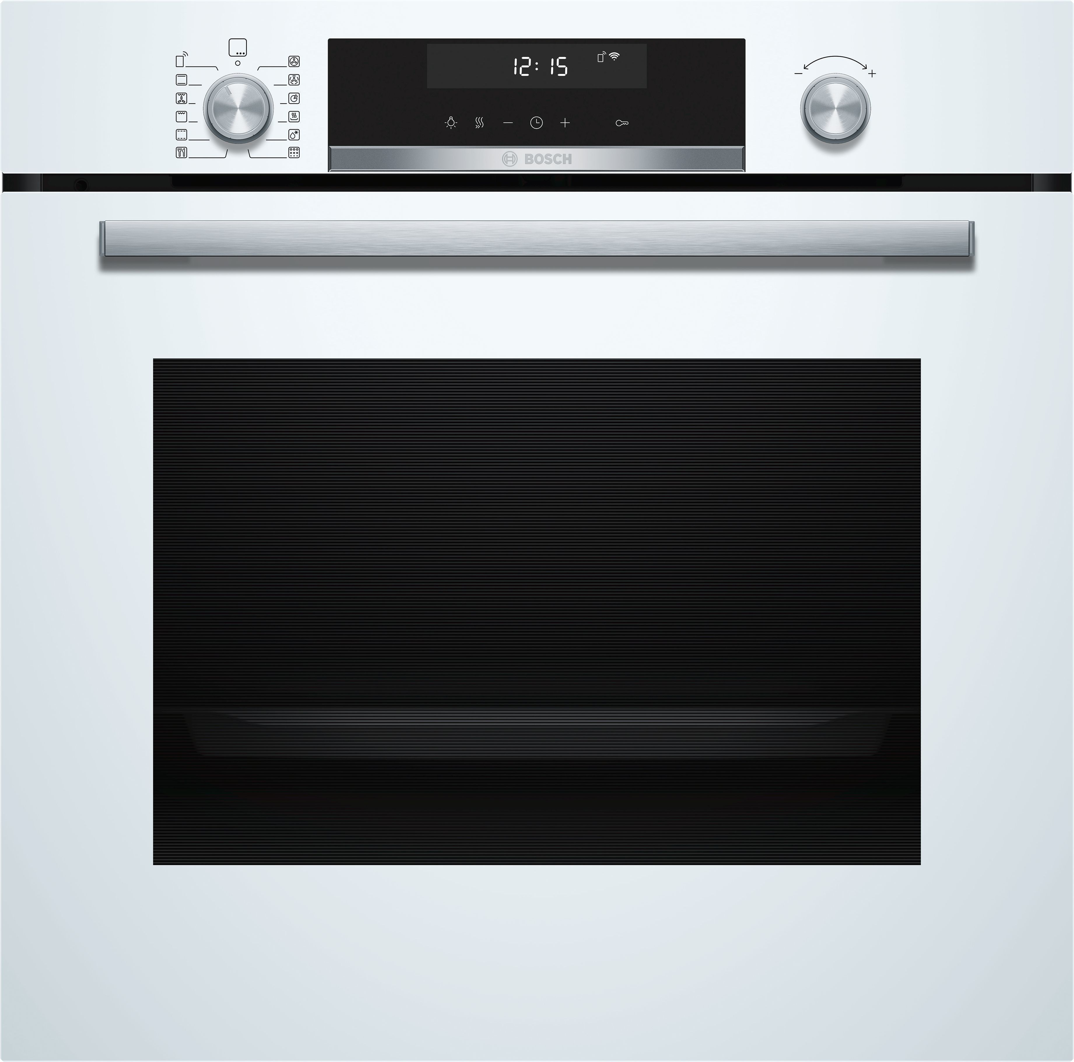 Horno blanco con puerta de cristal negra, panel de control arriba y asa. Logo Bosch visible.