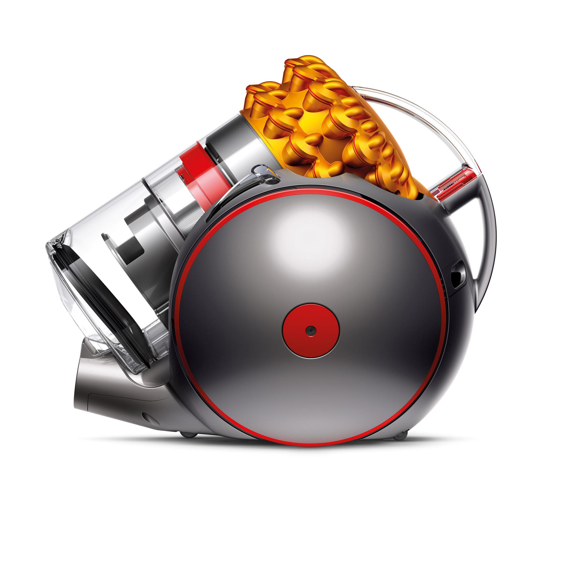 Ein Staubsauger auf weißem Hintergrund. Der Staubsauger ist silber, rot und gelb.