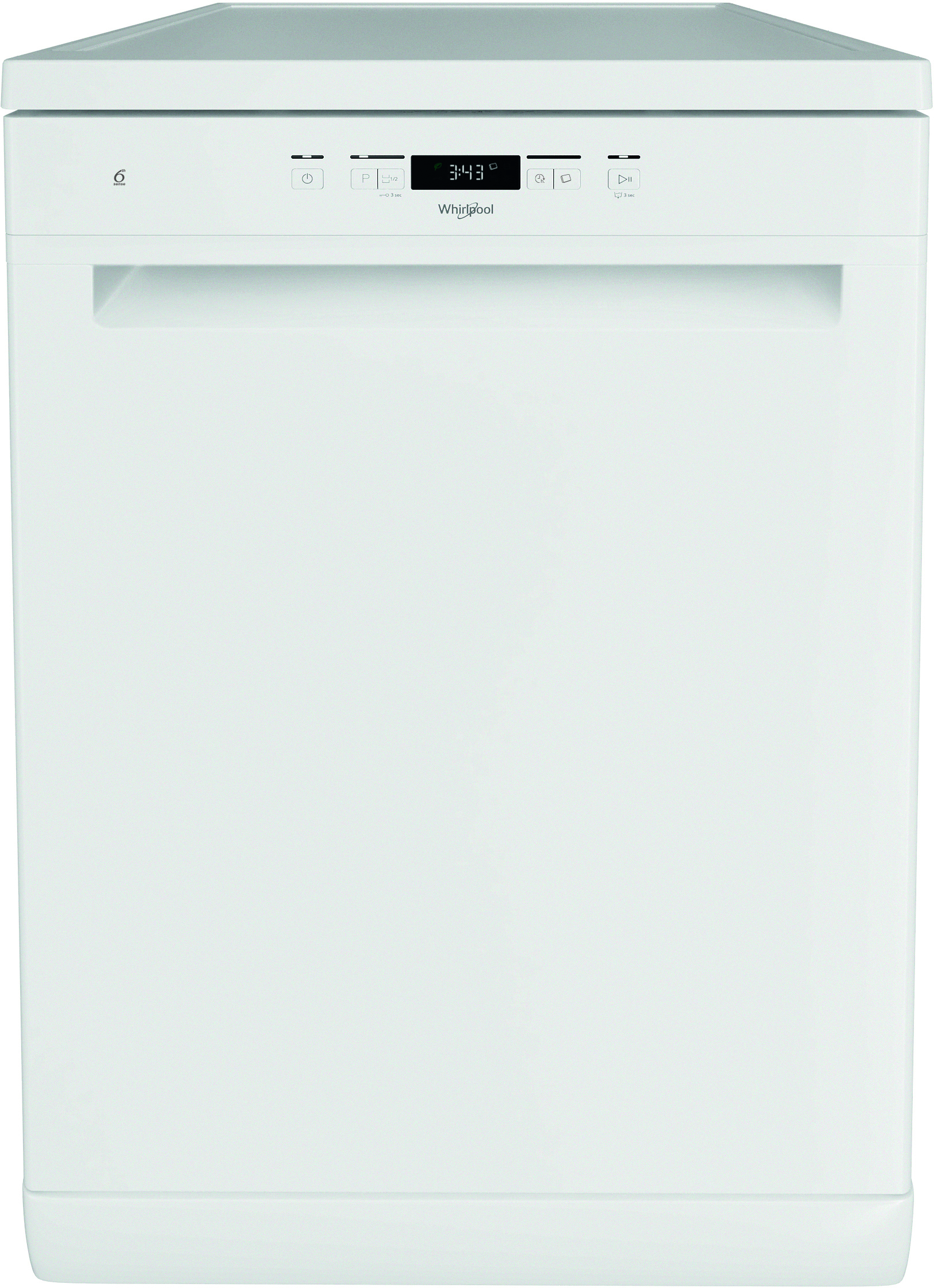 Biała zmywarka Whirlpool, zamknięte drzwi, wyświetlacz cyfrowy 3:43. Przyciski u góry do ustawień.