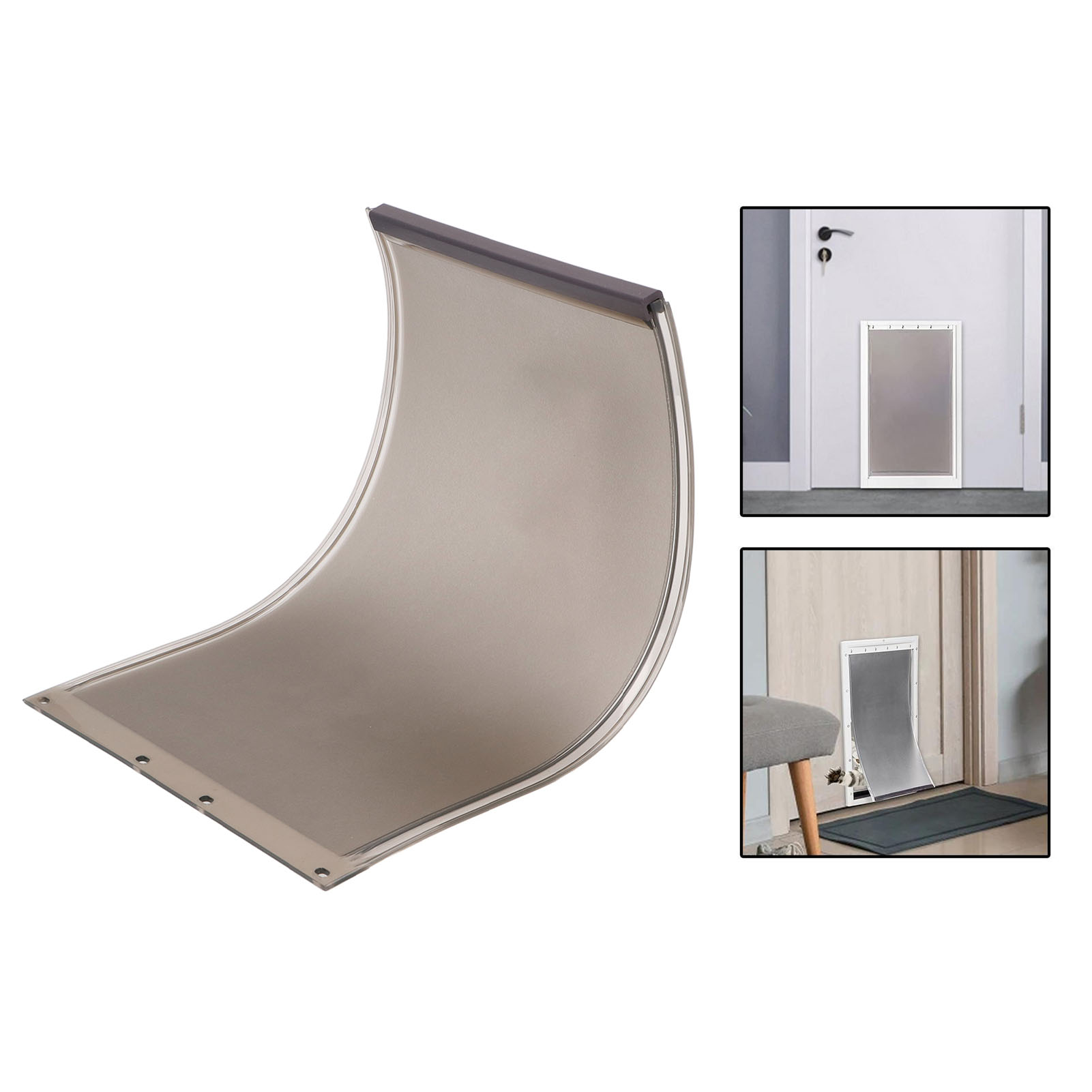 Hundetür, eine flexible Kunststoffklappe für eine Tür, mit Ansicht installierter Türen.