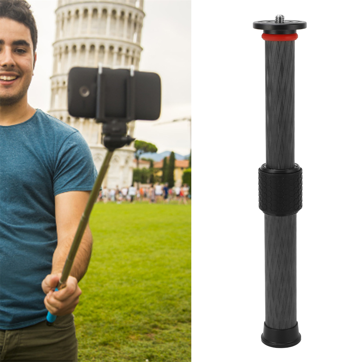 Ein Mann hält ein Telefon an einem Selfie-Stick, mit dem schiefen Turm von Pisa.