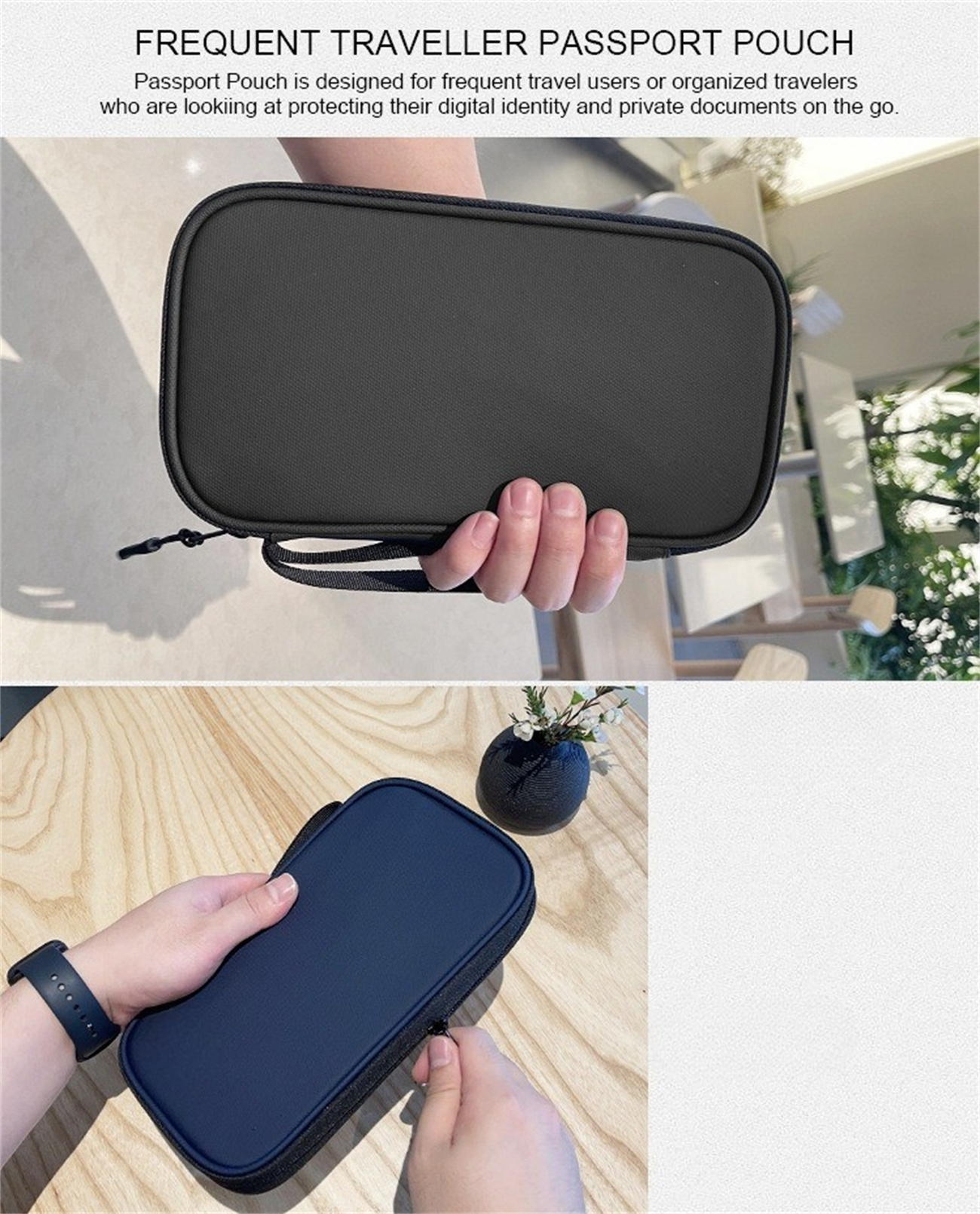 Schwarze Reisetasche mit Griff. Hände halten sie.