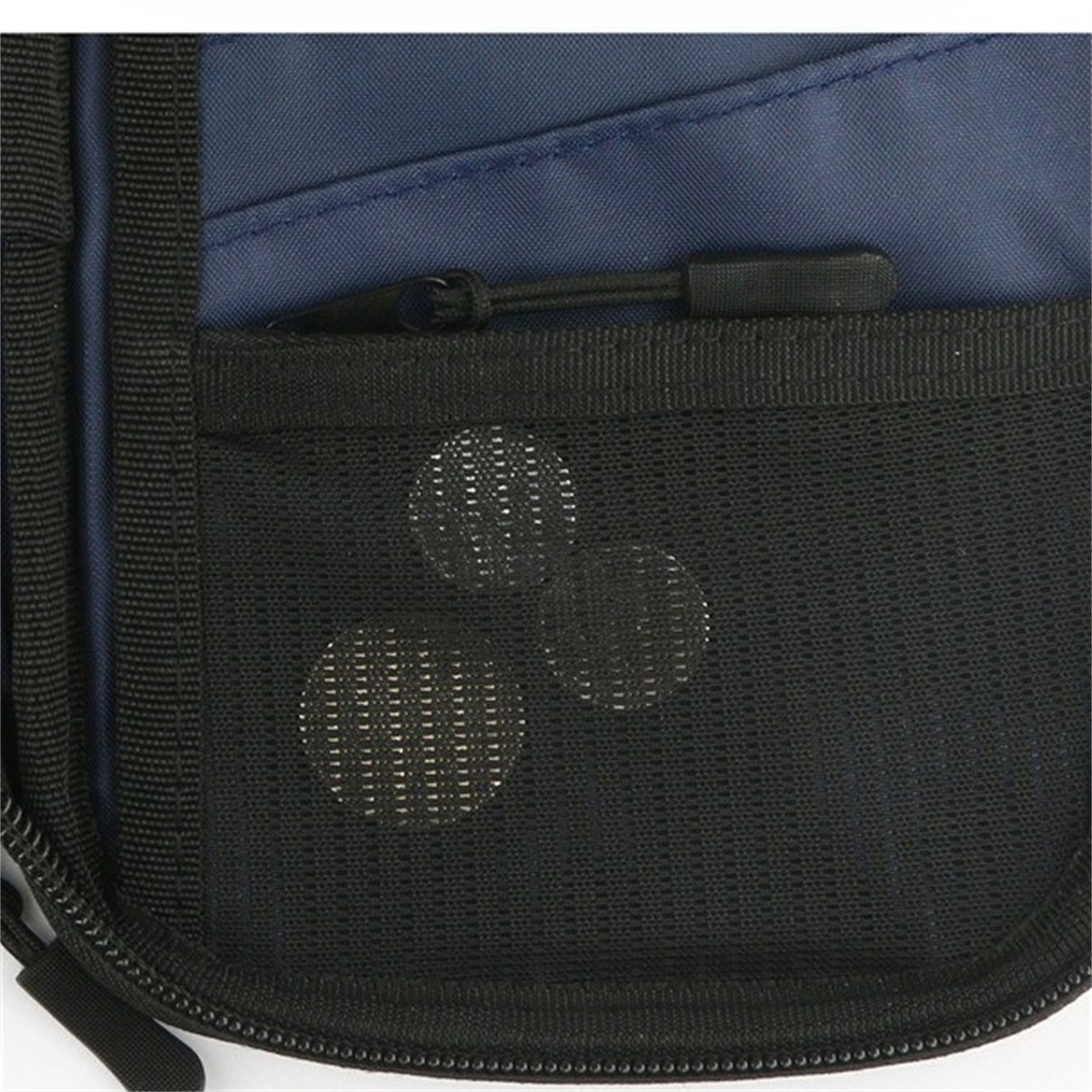 Nahaufnahme eines blauen Beutels mit einer Netztasche und drei weißen, kreisförmigen Objekten darin.