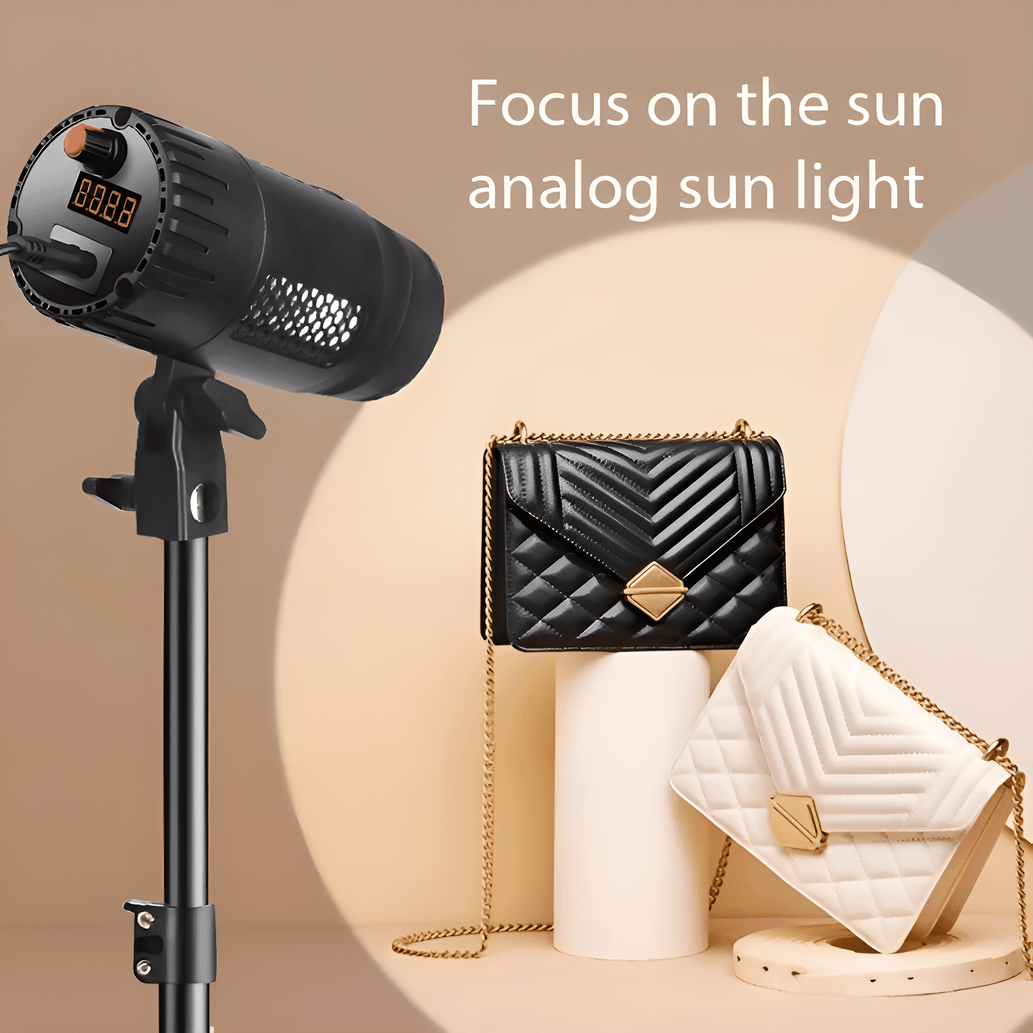 Ein schwarzes Studiolicht mit Handtaschen. Der Text auf dem Bild lautet 'Focus on the sun'.
