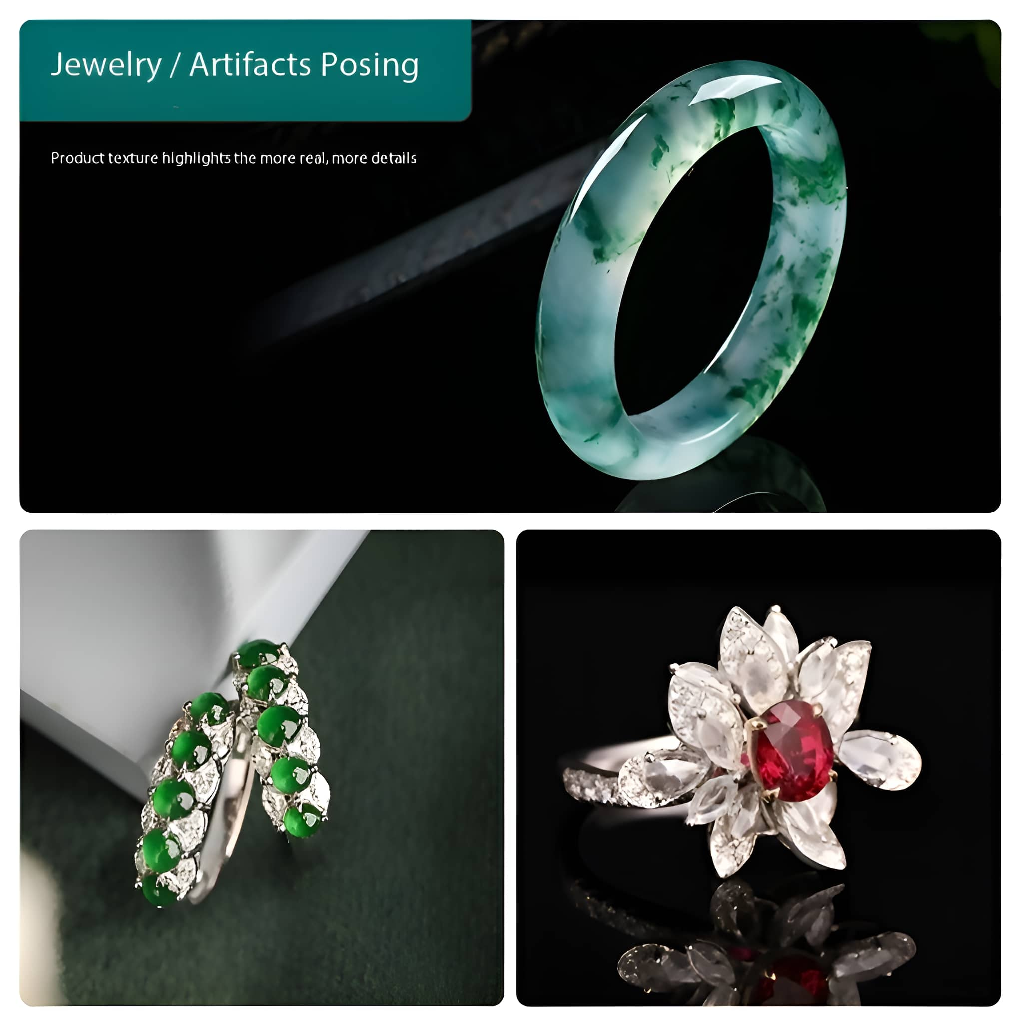 Schmuckausstellung mit einem Jade-Armreif und Ringen mit grünem Jade und einem roten Edelstein.