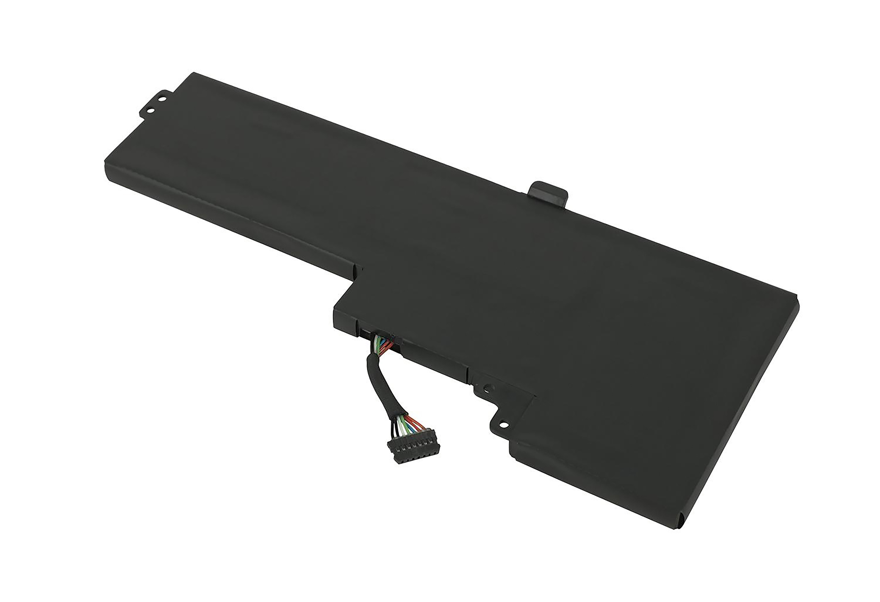Schwarzer Laptop-Akku mit Stecker und Kabeln. Er hat eine rechteckige Form und befindet sich auf weißem Grund.