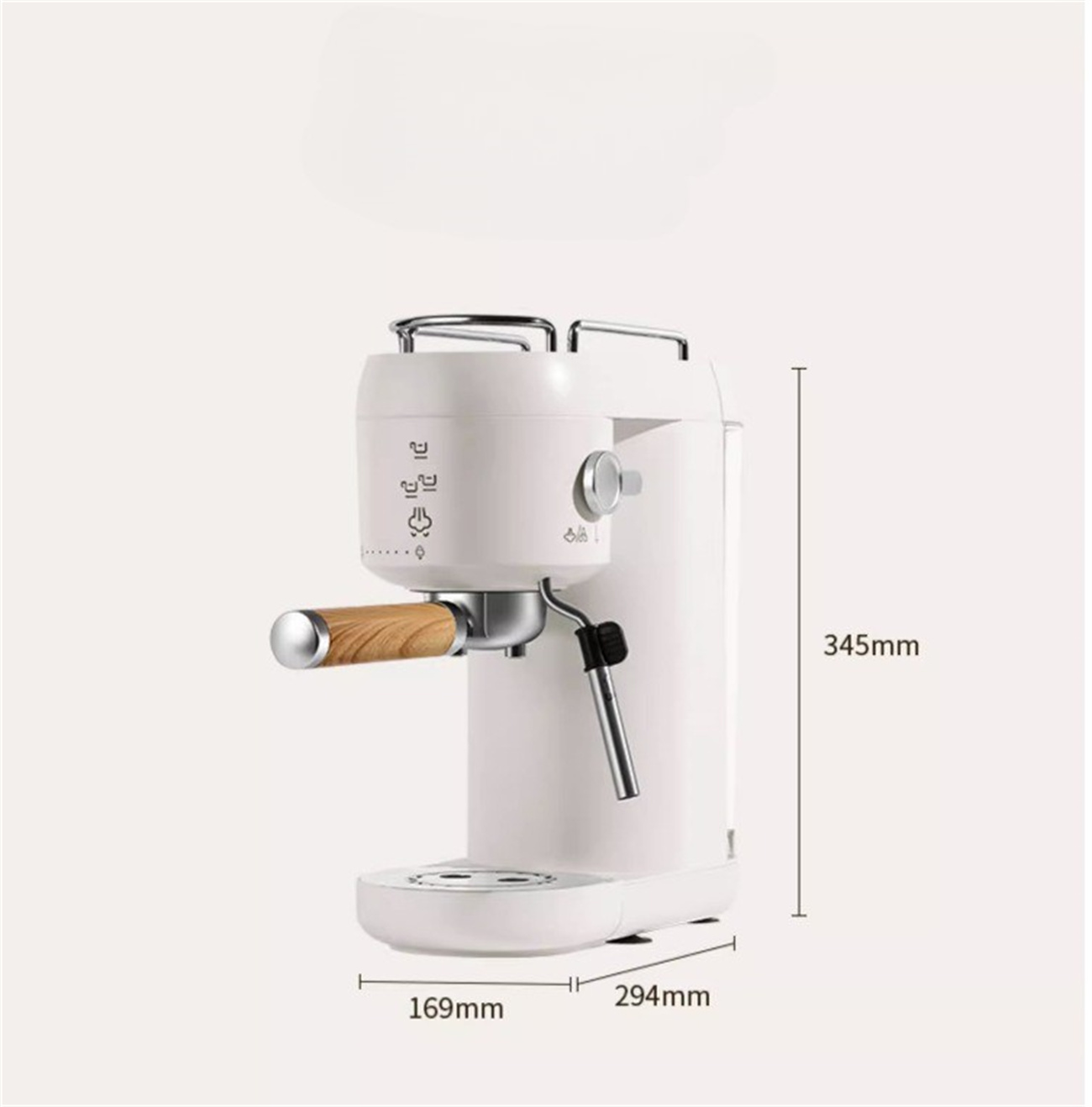 Eine weiße Espressomaschine mit Holzgriff, die Abmessungen anzeigt. Es hat ein schlankes Design, und die Maße sind in mm.
