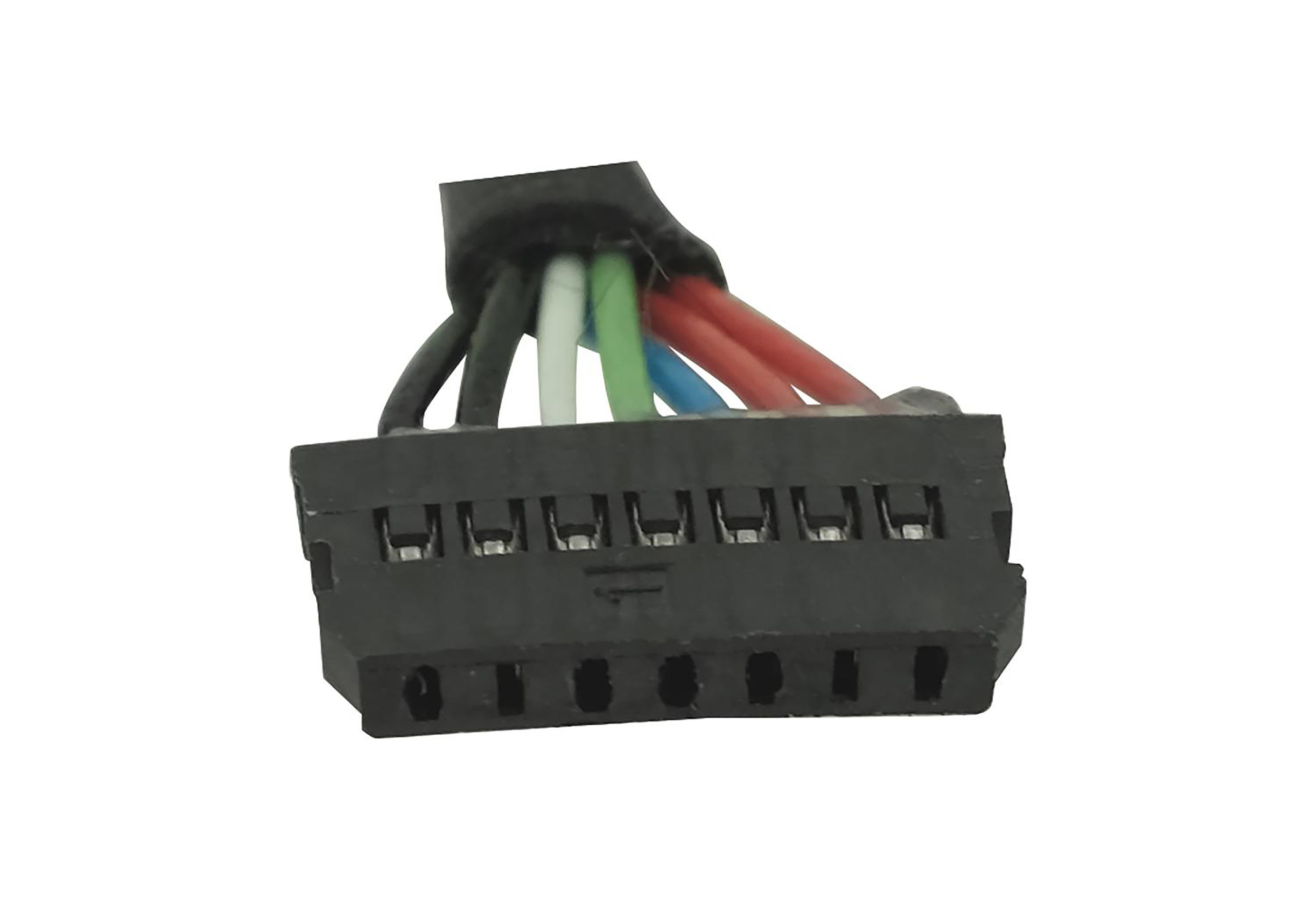 Ein schwarzer Stecker mit mehreren farbigen Drähten, darunter schwarz, weiß, grün, blau und rot.