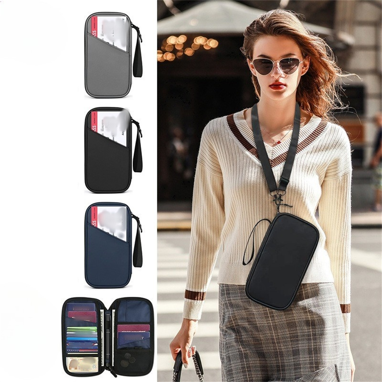 Frau mit Handtasche und Reisedokumentenhalter. Mehrere Halter in Grau, Schwarz und Marineblau sind sichtbar.