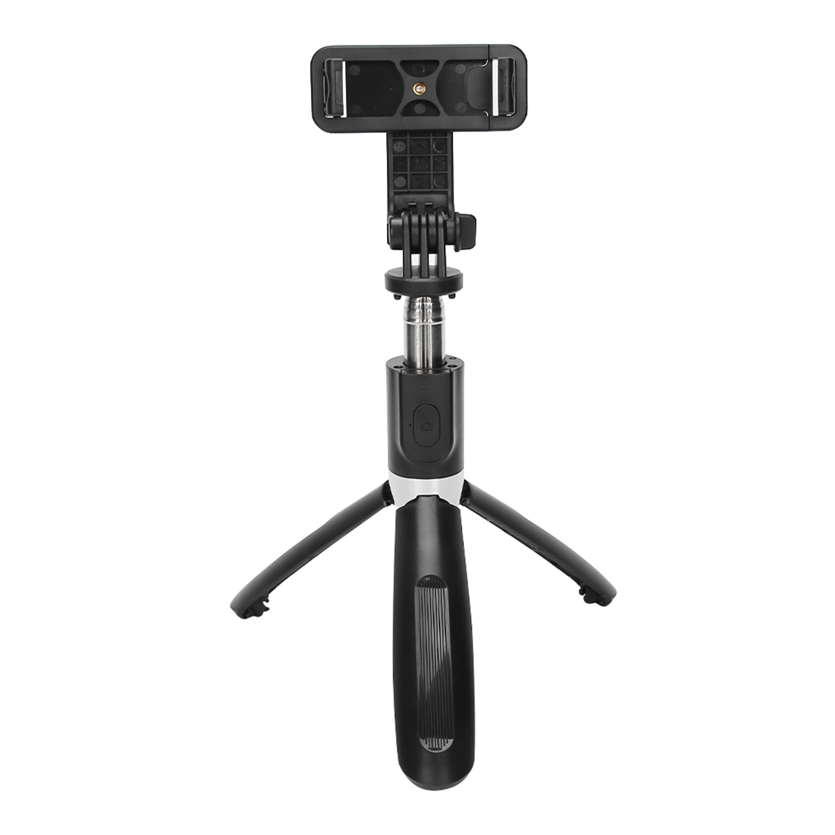 Schwarz-weißer Selfie-Stick mit Stativbeinen und Telefonhalter.