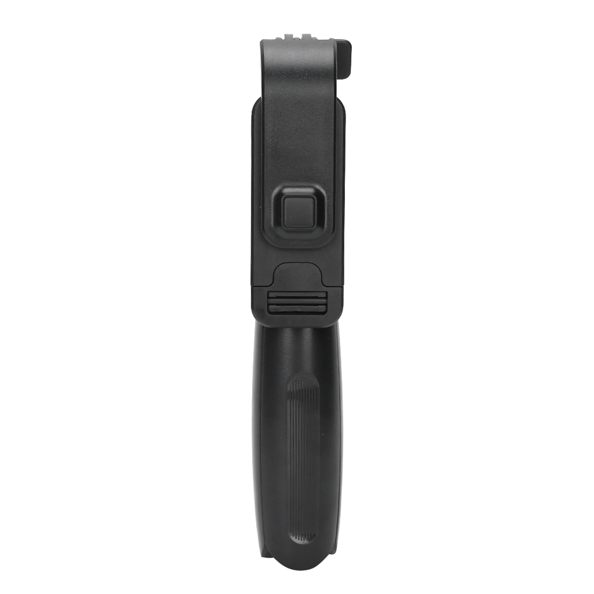 Ein schwarzer Selfie-Stick. Der Stick hat einen Griff und eine Telefonhalterung oben.