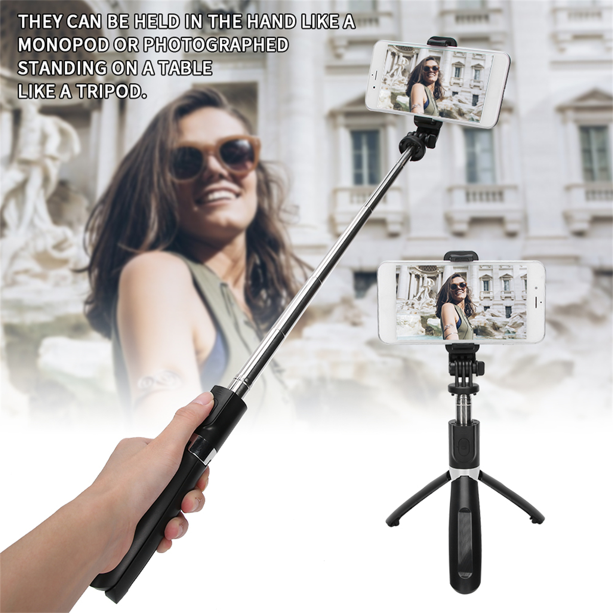 Eine Frau mit Selfie-Stick und zwei Handys, eines am Stick und eines auf einem Stativ.