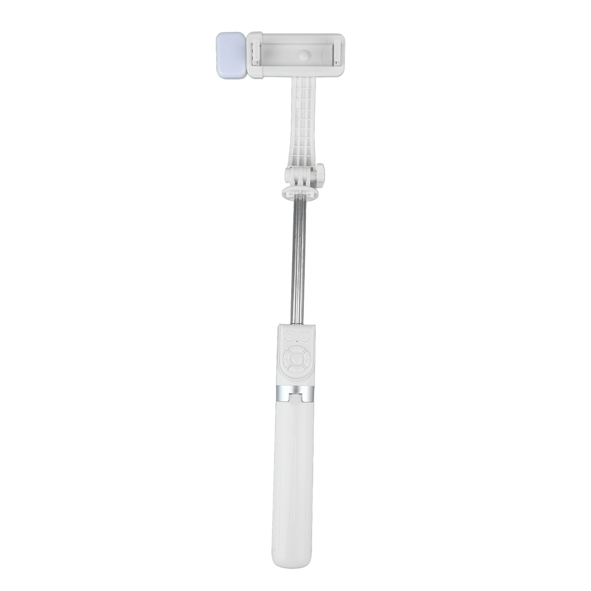 Ein weißer Selfie-Stick, ausgefahren, mit Telefonhalter und Bedientasten.