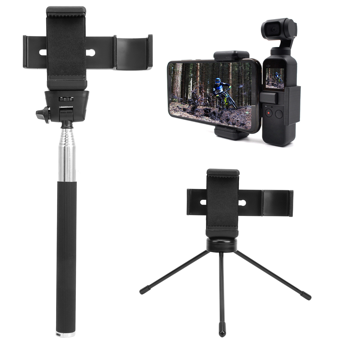 Smartphone und Action-Kamera auf Stativ und Selfie-Stick mit Telefonhalter.