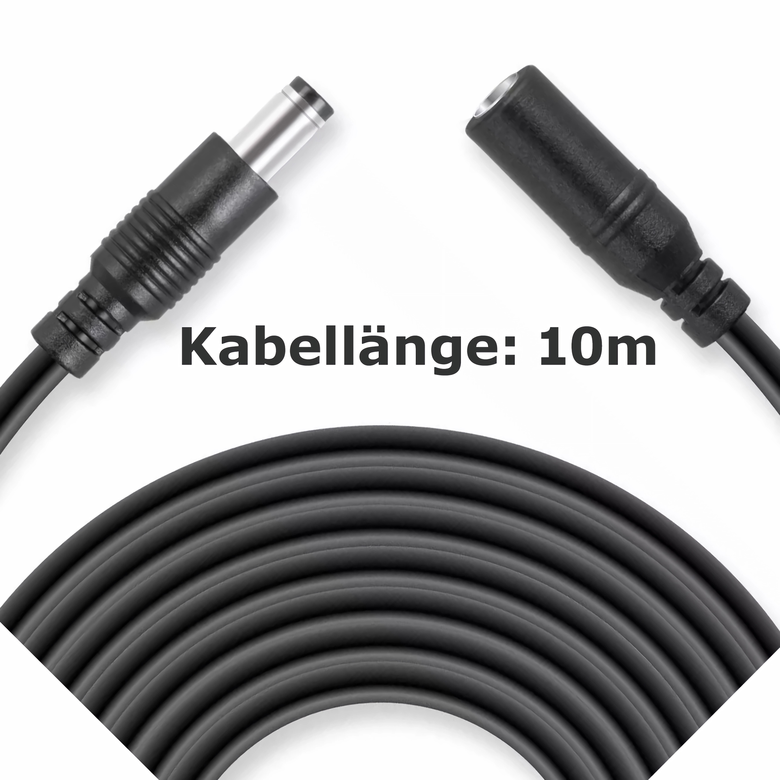Schwarzes Stromkabel mit Stecker und Text: Kabellänge: 10m.