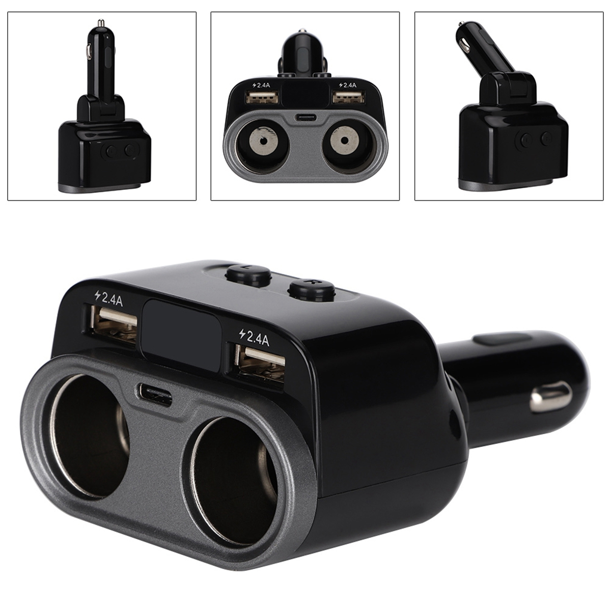 Autoladegerät mit zwei USB-Anschlüssen und einem Zigarettenanzünderanschluss, schwarz.