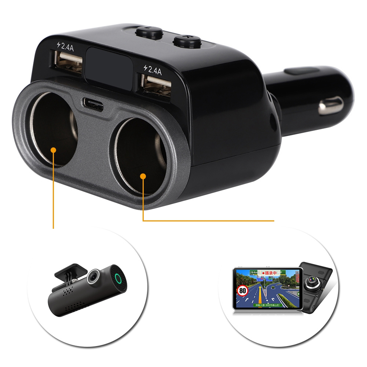 Ein Autoladegerät mit USB-Anschlüssen und einer Dashcam mit Bildschirm. Es zeigt eine Straßenkarte.