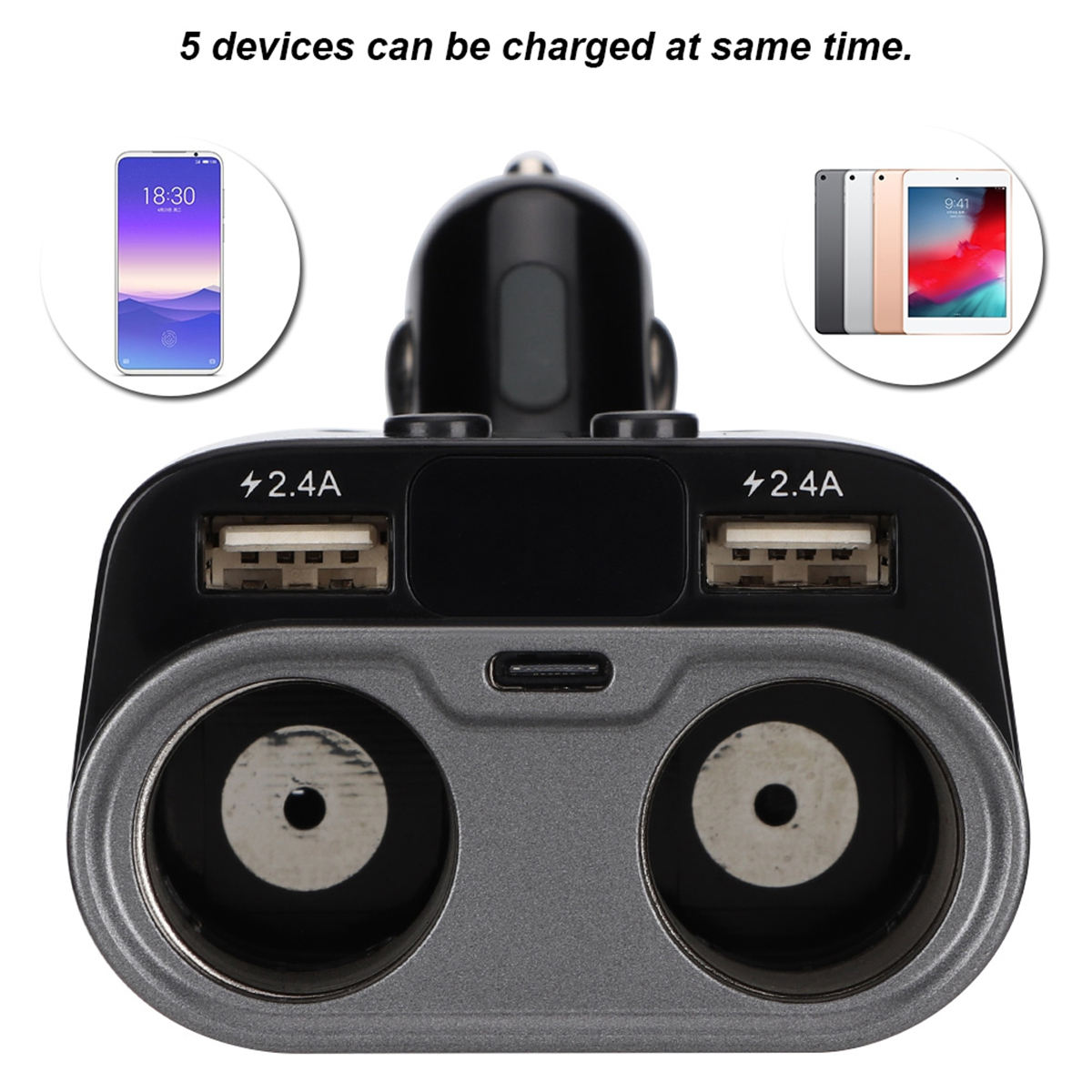 Ein Autoladegerät mit mehreren USB-Anschlüssen und Ladegeräten im Hintergrund.