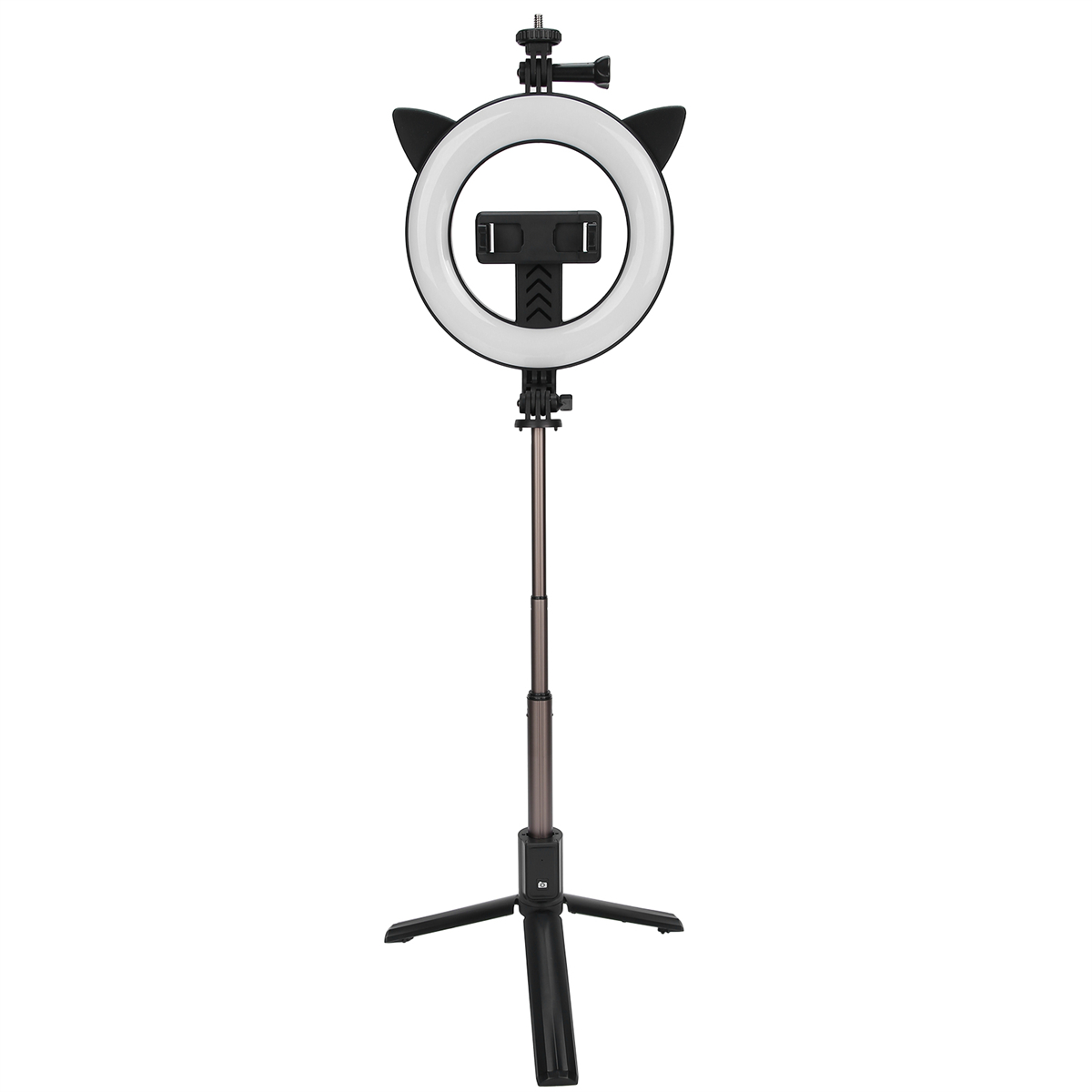 Ringlicht mit Katzenohren auf einem Ständer. Telefonhalter in der Mitte, schwarz.