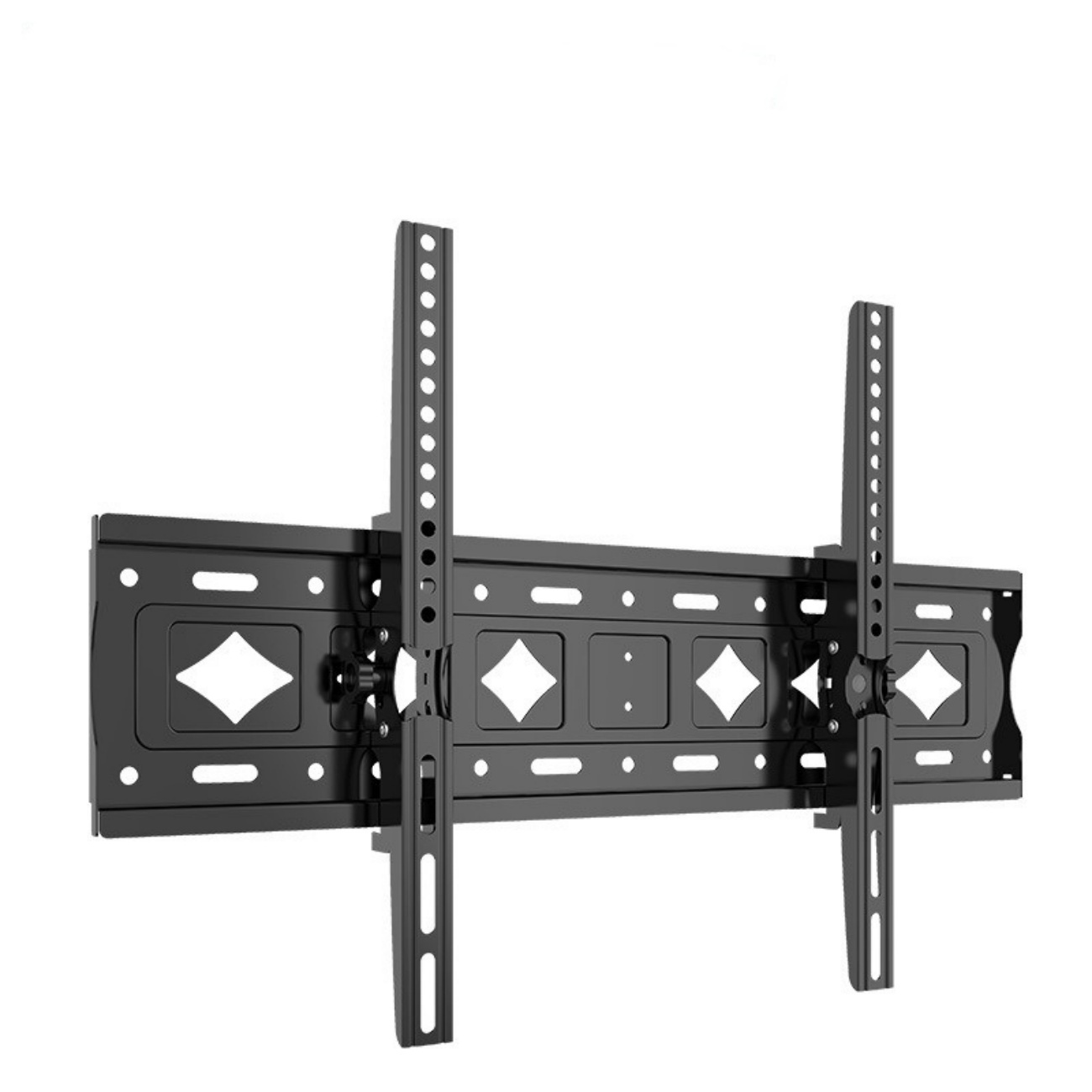 Schwarze TV-Halterung aus Metall mit zwei vertikalen Stützen zur Wandmontage.