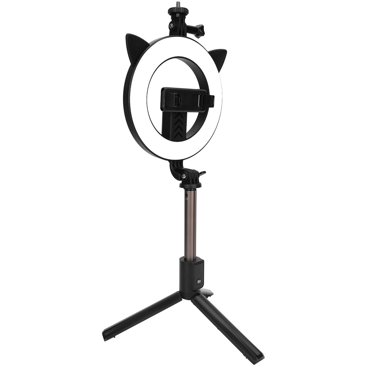 Ein schwarz-weißes Selfie-Ringlicht mit Katzenohren auf einem Stativ. Das Licht ist an.