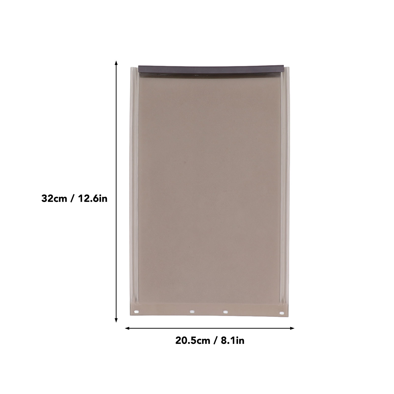 Eine rechteckige Haustiertür. Abmessungen sind 32 cm/12,6 Zoll mal 20,5 cm/8,1 Zoll. Sie ist beige und grau.