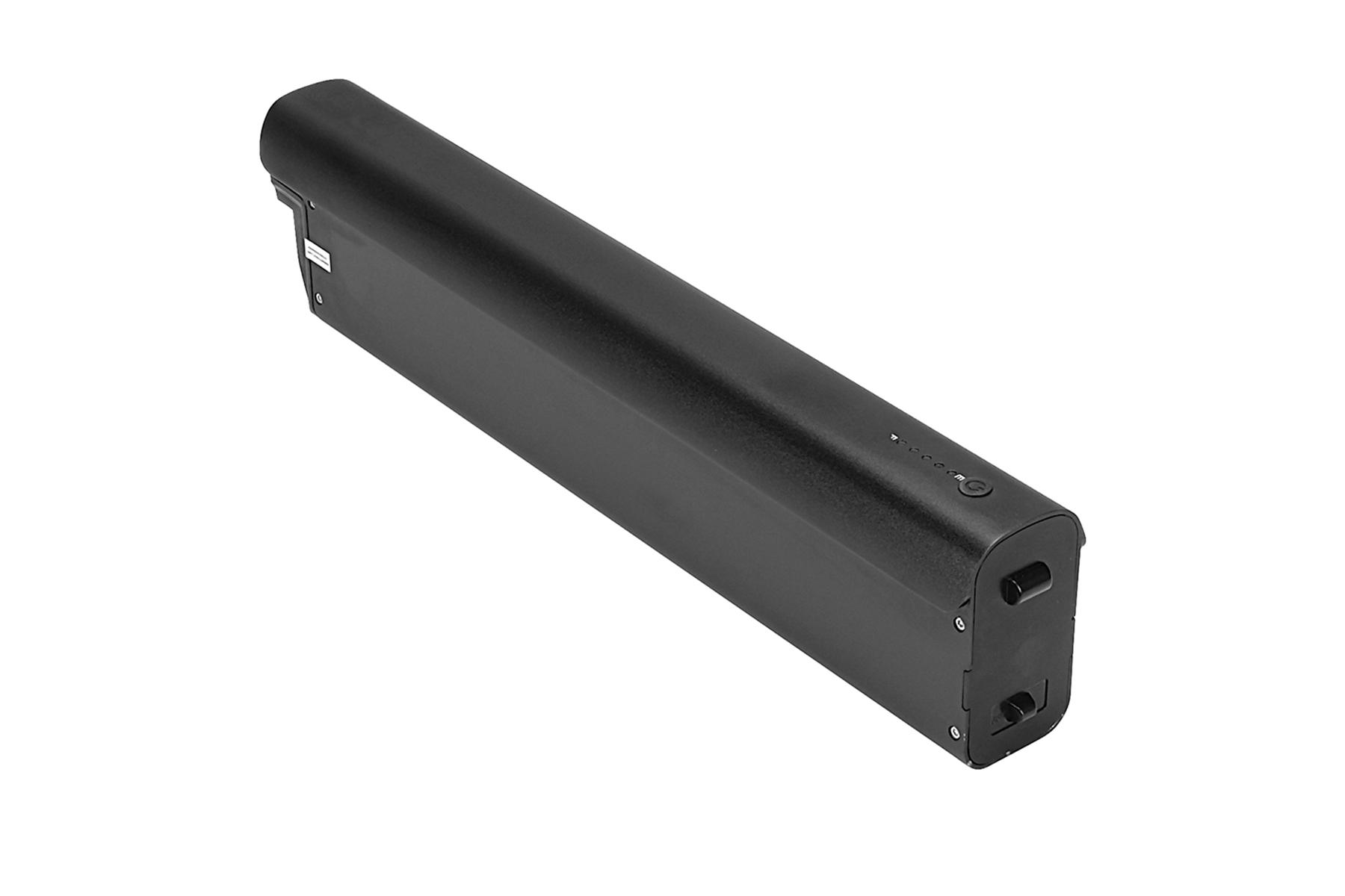 Ein schwarzer, zylindrischer Akku. Er liegt horizontal, mit einer Power-Taste und einer Ladeanzeige.