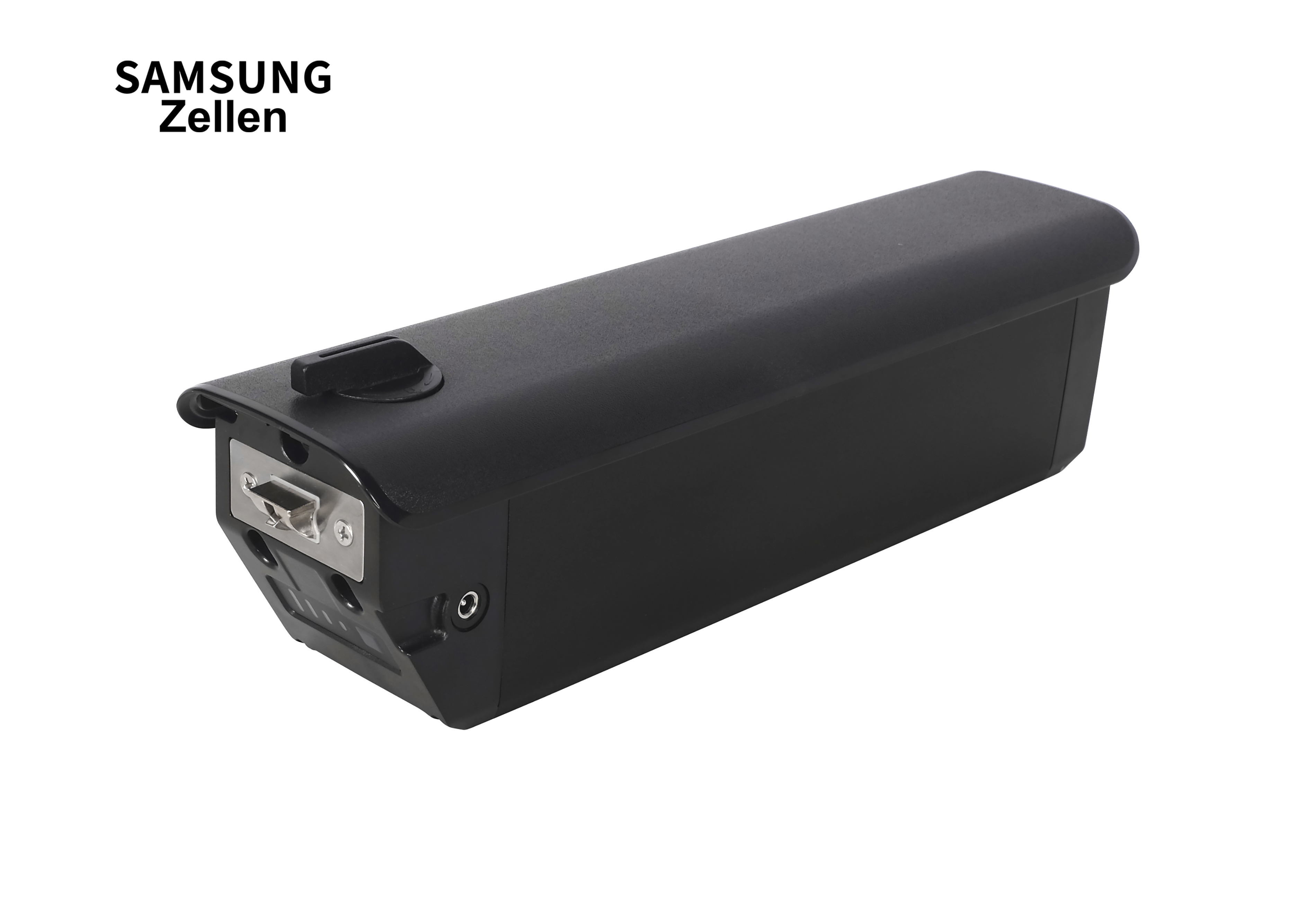 Schwarzer Akku mit dem Text "SAMSUNG Zellen" auf der linken Seite. Er hat einen Anschluss und einen Port.