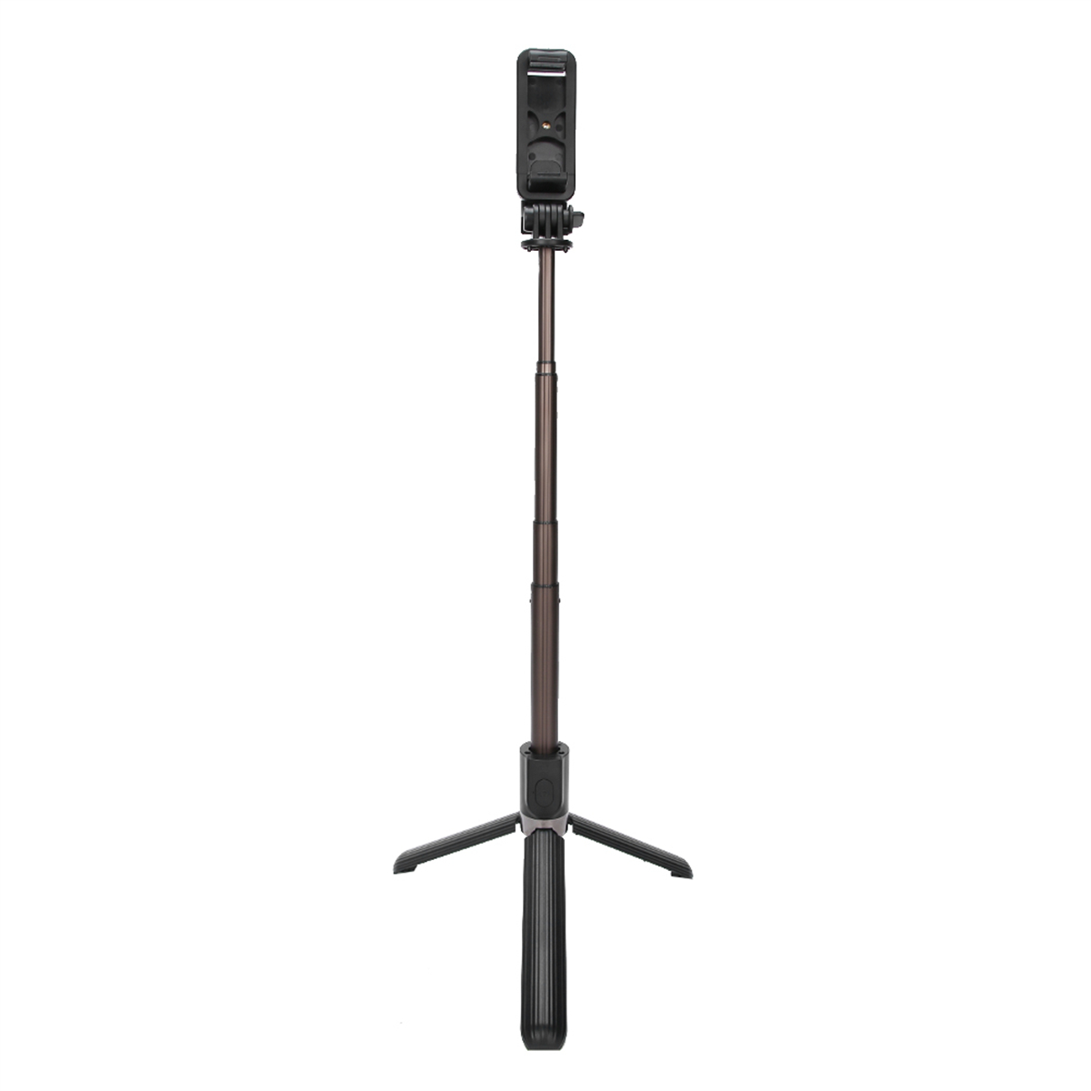 Ein schwarzer und brauner Selfie-Stick ausgefahren.