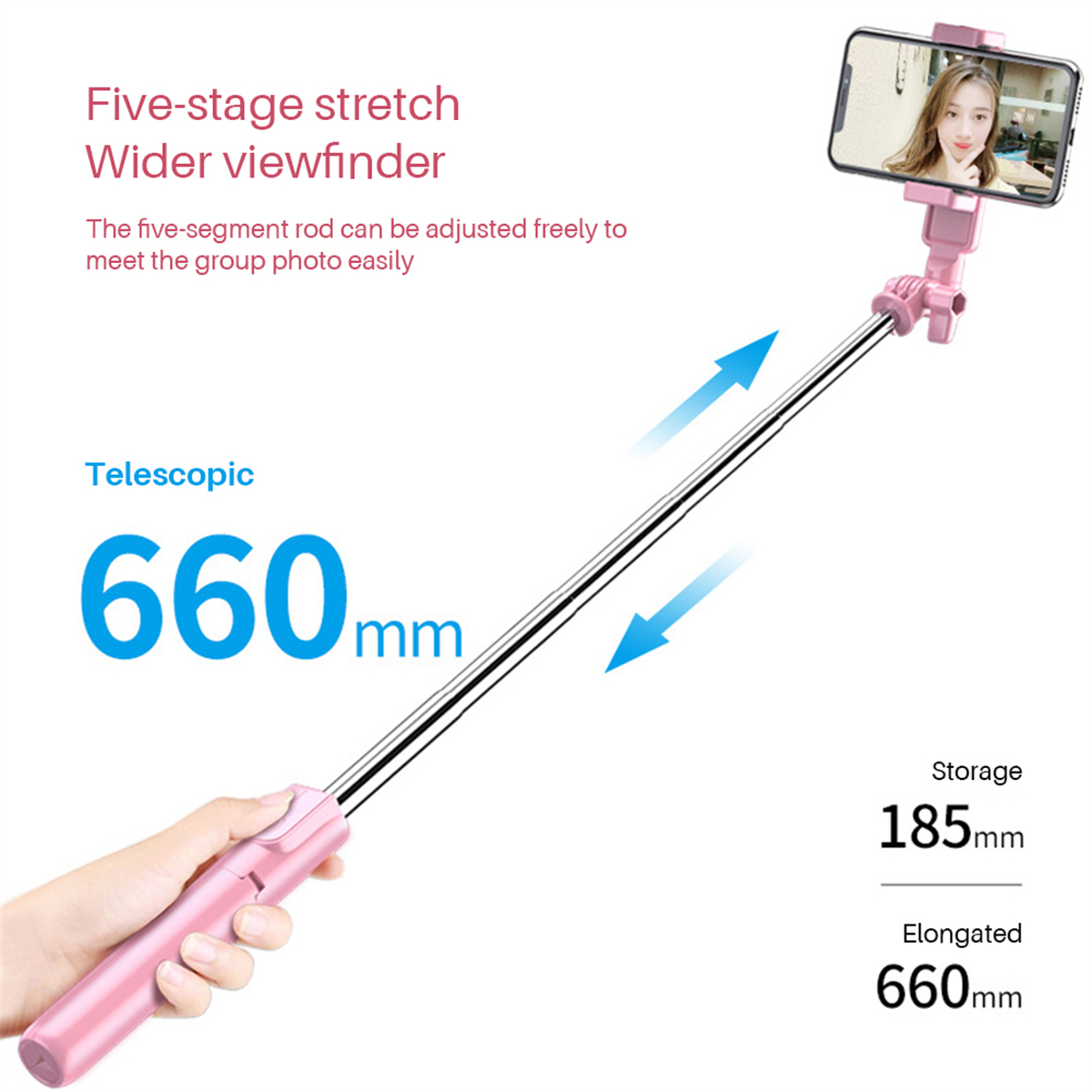 Ein pinkfarbener Selfie-Stick, der ein Telefon mit dem Gesicht einer Frau hält. Der Stick hat Speicher- und verlängerte Längen.