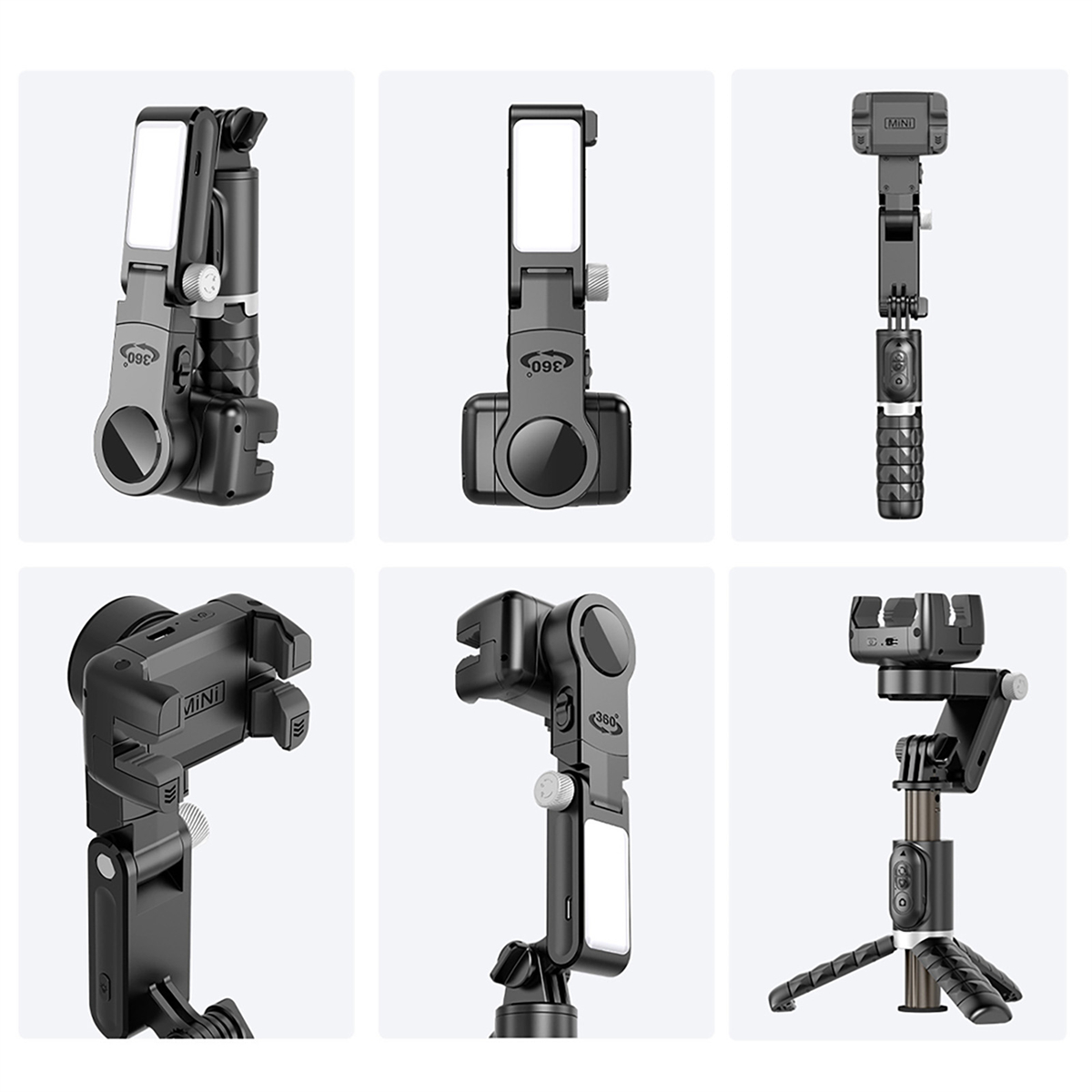 Verschiedene Smartphone-Halter mit Lichtern. Winkel zeigen die Funktionen, einschließlich 360°-Drehung und Stativkompatibilität.