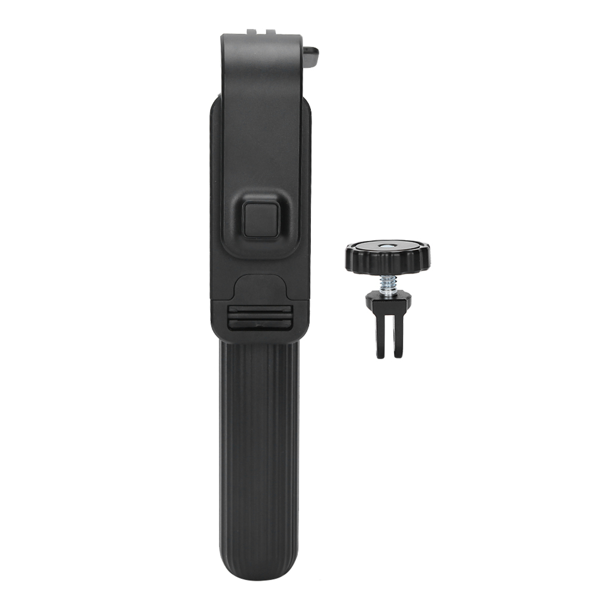 Ein schwarzer Selfie-Stick mit einem daran befestigten Telefonhalter.