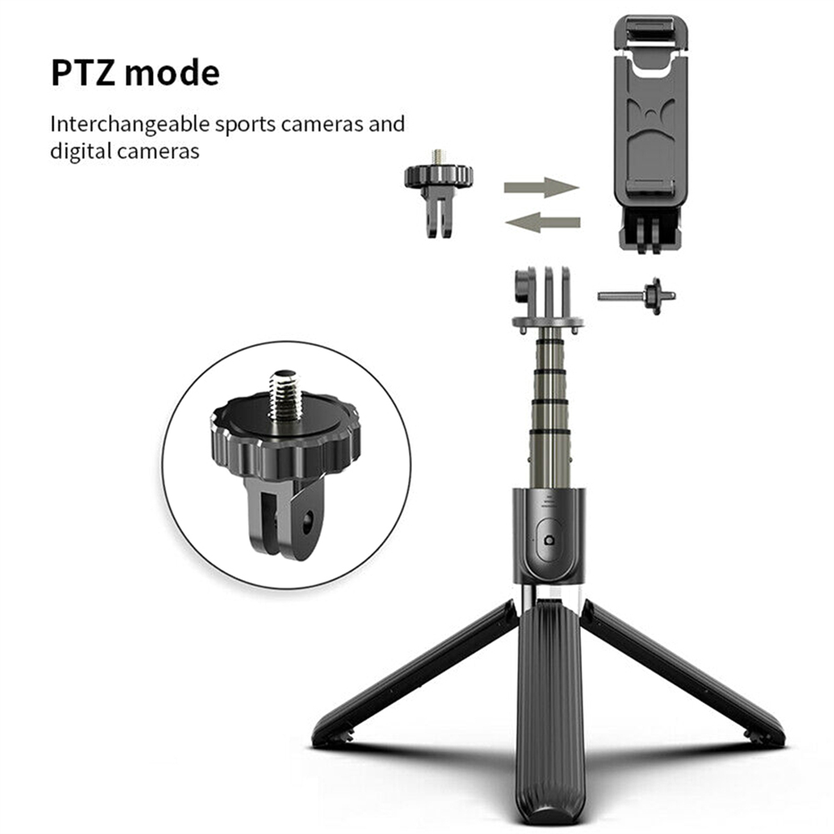 PTZ-Modus-Setup für Sportkameras, mit verschiedenen Komponenten und einem Stativ.