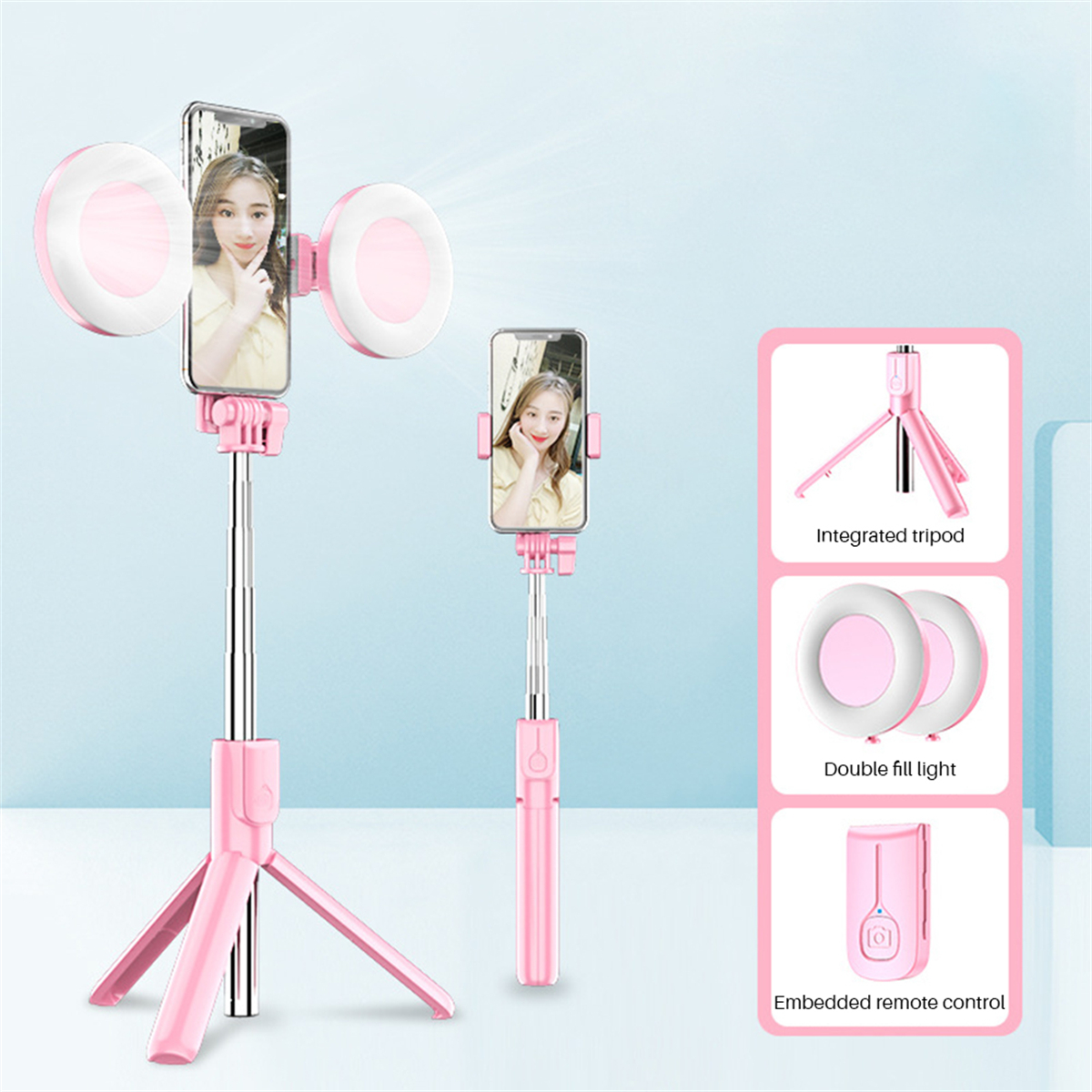 Pinkfarbener Selfie-Stick mit Ringlichtern und Telefon.
