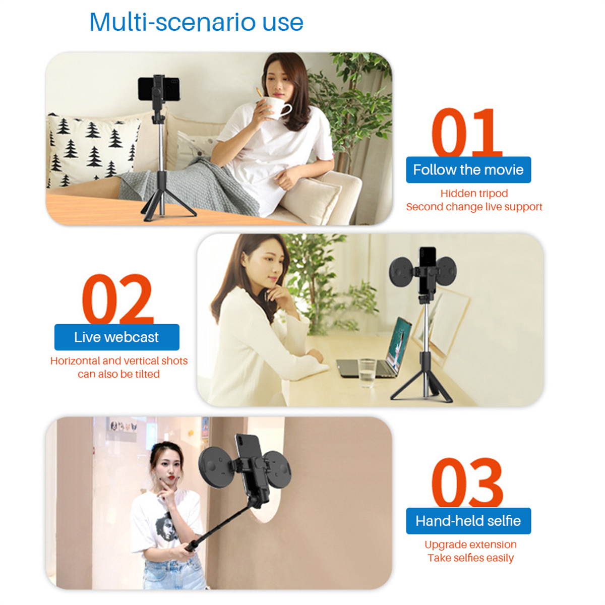 Multiszenario-Nutzung eines Telefonhalters: Film, Live-Webcast und Selfie mit der Hand.