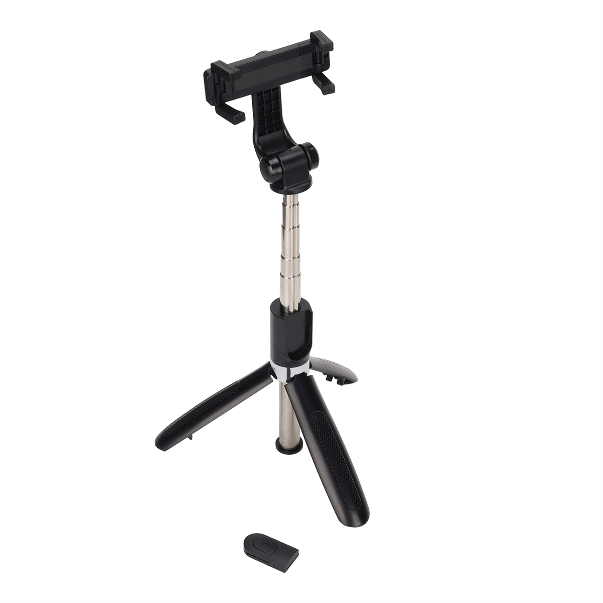 Schwarzer und silberner Selfie-Stick mit Telefonhalter und Fernbedienung.