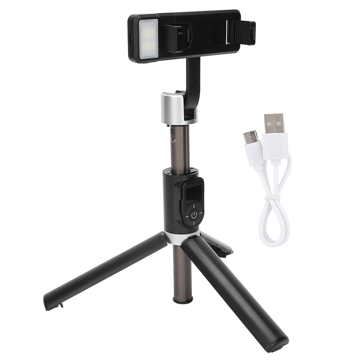 Ein schwarzer Selfie-Stick mit Telefonhalter, ein weißes Kabel und ein Stativfuß. Weißer Hintergrund.