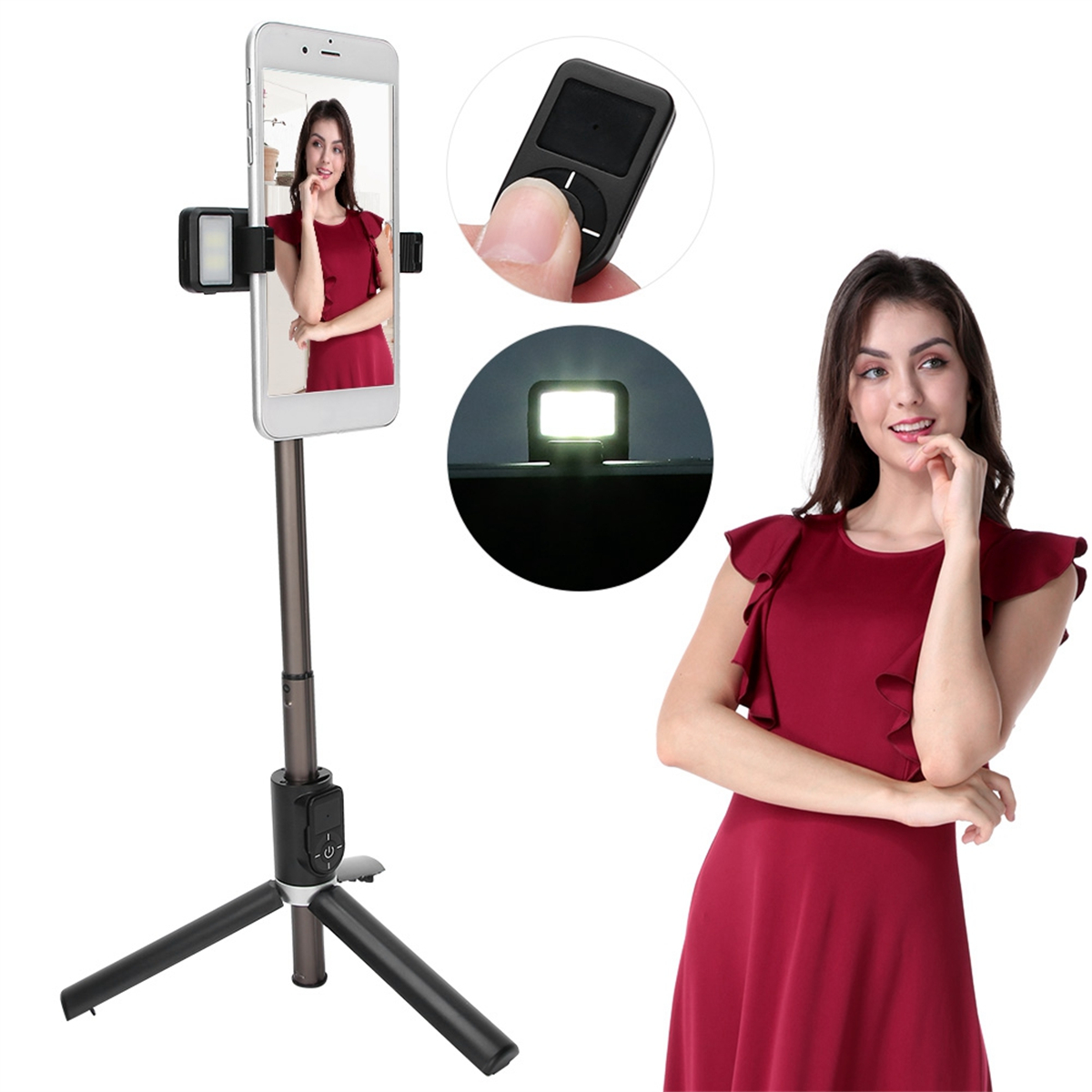Frau mit Selfie-Stick und Telefon, plus Fernbedienung.