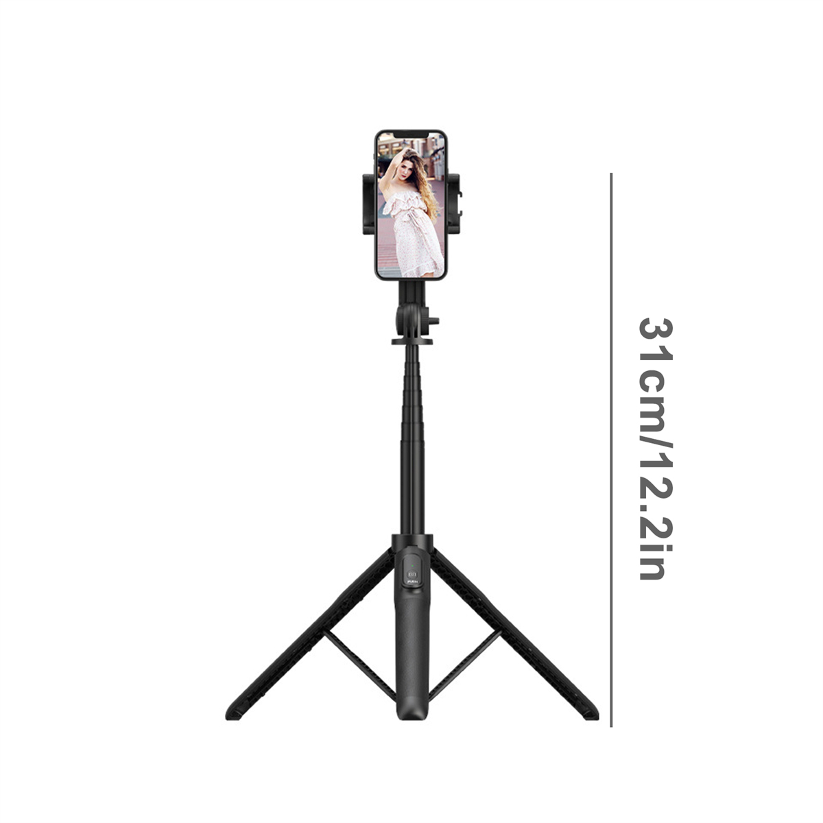 Ein schwarzes Stativ mit befestigtem Telefon, mit einem Modelbild auf dem Telefonbildschirm. Die Länge beträgt 31 cm.