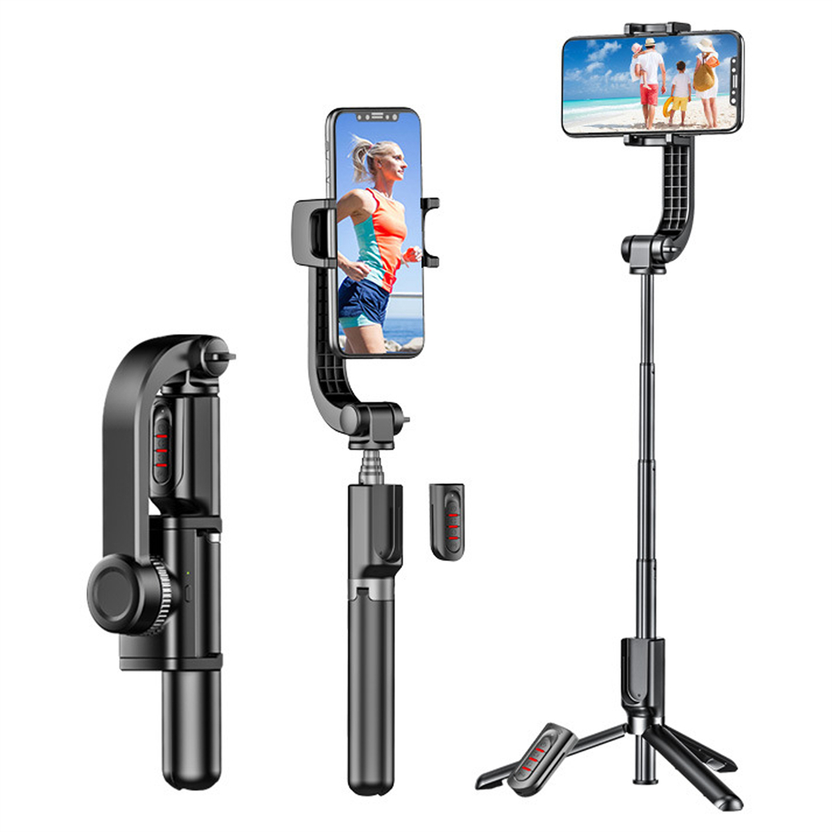 Drei schwarze Selfie-Sticks: gefaltet, mit Telefon ausgefahren und stativbasiert mit Telefon.
