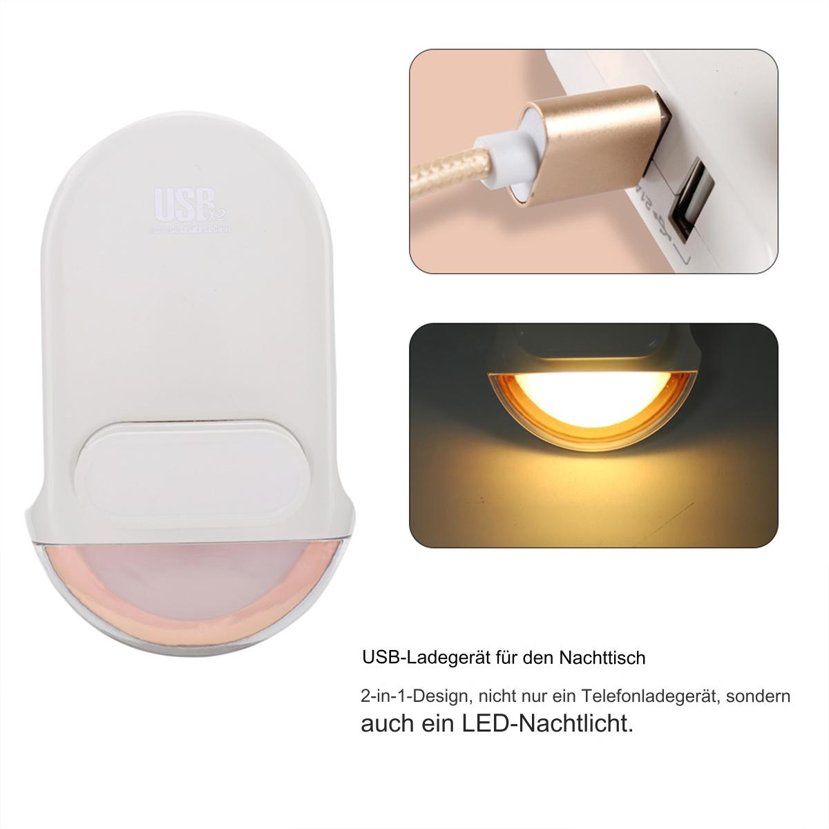 Weißes Nachtlicht und USB-Ladegerät. Oben: USB-Anschluss. Unten: Warmes, gelbes Licht.